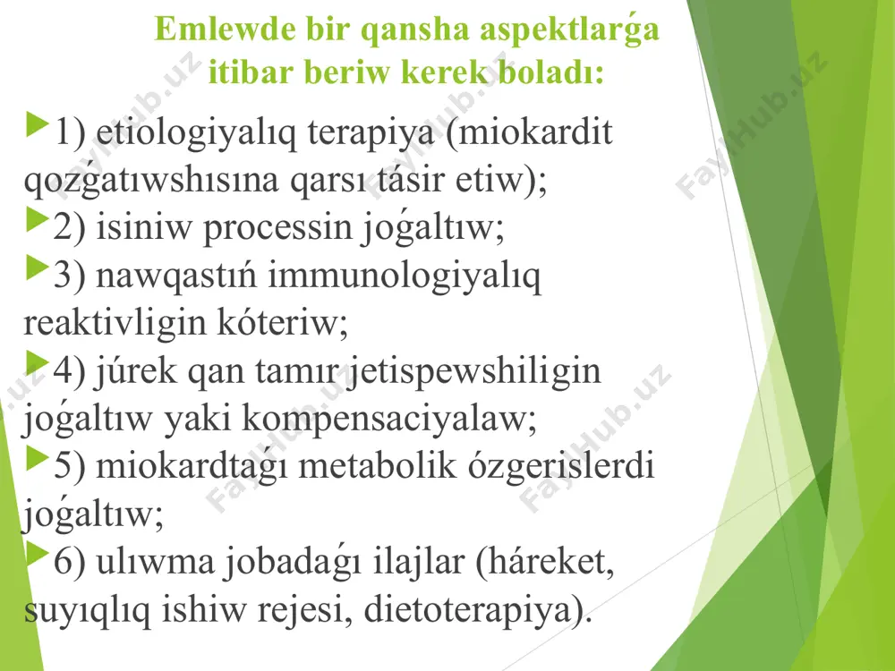 sonı yadta saqlaw kerek miokarditlarda glikozidli intoksikaciya ańsat payda boladı, miokardta kaliy deficiti menen baylanıslı. sol sebepli digoksin menen toyındırıw 0,03-0,04 mg/kg ishiwge yaki bulshıq et ishine esapta ıqtiyatlıq penen ótkeriledi, 3-5 kún ishinde ekg qadaǵalawında. glikozidlerdi vena ishine jiberiw ókpe isigi menen ótkirrek processte buyıırıladı. toyınǵan dozası 3 kúnge teńdey hár 8 saatta ekg baqlawında buyırıladı. miokarditlarda digoksindi esaplaw dozaları jası toyınıw dozası, mg/kg quwatlawshı dozası 1 kún — 1 ay 0,03 toyınıw dozasınıń/kún ¼-1/5 1–36 ay 0,04 toyınıw dozasınıń/kún ¼-1/6 3 jastan úlken 0,02 -0,03 toyınıw dozasınıń/kún1/ 5-1/7 emlew toyınǵan dozadan effekt gúzetilmegende preparattı jáne 1-2 kúnge 3 mártebe jiberilledi. bunday áste digoksindi jiberiw «jaqpaslıqtı» (intoksikaciya) boldırmawǵa járdem beredi, bul karditi bar nawqaslarda preparattı májbúriy hám joqarı dozada bergende payda boladı. toyınıw dozasınan keyin quwatlawshı dozası buyırıladı. eger nawqas toyınıw dozasın jaqsı ótkerse anıq effekt penen (jqs normalizaciyası, entigiwdiń kemeyiwi hám bawırdıń qısqarıwı), onda quwatlawshı doza toyınıw dozasınıń …