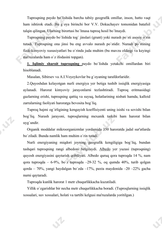 ibi kelgusi ma'ruzalarda yoritilgan.) tuproqni paydo bo`lishi va yashashi, rivojlanishida shamol asosiy omillardan biri, ayniqsa faol shamol (tezligi 5 m/sek va undan ortiq bo`lganda). bu jarayon ayniqsa cho`l zonalari uchun o`ta muhim hisoblanadi. shamol eroziyasi odatda deflyasiya deb tilga olinadi. eroziya lotincha so`z bo`lib «yemirilish» degan ma'noga ega. eroziya qumli cho`llarning hosil bo`lishi yoki eol jarayonlari bilan bevosita bog`liq. cho`l zonasida tuz va changni ko`chishi, to`planishi, tuproq yuzasini yalanglanishi tufayli cho`llanish, ya'ni tuproqlarning kambag`allashuvi ro`y beradi. bu jarayon keyingi yillarda orol buyi, orol havzasida joylashgan hududlar uchun juda katta iqtisodiy zarar keltirmoqda. relyef omili. bu omilning ahamiyati juda muhimdir. birinchidan issiqlik va atmosfera yog`inlarining yer yuzida taqsimlanishi relyef bilan bog`liq. ikkinchidan, nurash mahsulotlarini joylashuvi, tuproq denudatsiyasi relyefning mutlaq balandligi va nishabligiga bog`liqdir. makrorelyef, mezorelyef, mikrorelyef shakllari tuproqlardagi modda va energiya almashinuvi jadalligini, yo`nalishini belgilab beradi. avtomorf, gidromorf tuproqlar relyefga, sizot suvlarining chuqurligiga mos holda shakllanadi. relyef nishabligi: 0-50 bo`lganda tuproq …