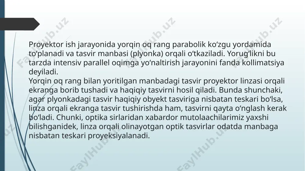 rilash), zoom funksiyasi va boshqalarni taklif qiladi. * turli xil texnologiyalar: multimediali proyektorlar turli xil proyeksiya texnologiyalaridan foydalanishlari mumkin, jumladan lcd, dlp, lcos va lazer texnologiyalari. har bir texnologiyaning o'zining afzalliklari va kamchiliklari bor. multimediali proyektorlarning qo'llanilishi: multimediali proyektorlar turli xil sohalarda keng qo'llaniladi, jumladan: * taqdimotlar: biznes taqdimotlari, konferensiyalar, seminarlar va boshqalar. * o'qitish: sinflarda darslarni o'tkazish, videolarni namoyish qilish. * uy kinoteatri: filmlarni va videolarni tomosha qilish. * o'yinlar: o'yin konsollarini va kompyuterlarni ulash. * ko'rgazmalar: mahsulotlarni va xizmatlarni namoyish qilish. proyektorlar taqdimotlar, filmlar tomosha qilish, o'yinlar o'ynash va boshqa ko'pgina maqsadlar uchun ishlatiladi. qaysi proyektorni tanlash kerak, maqsad va byudjetga bog'liq. multimediali proyektorlarni tanlashda sizning ehtiyojlaringiz va byudjetingizni hisobga olish kerak. yuqorida keltirilgan xususiyatlarni va ularning qo'llanilishini diqqat bilan o'rganish sizga mos keladigan proyektorni tanlashga yordam beradi. e’tiboringiz uchun rahmat! image1.png image2.png image3.png image4.png image5.png image6.png image7.png image8.png /docprops/thumbnail.jpeg