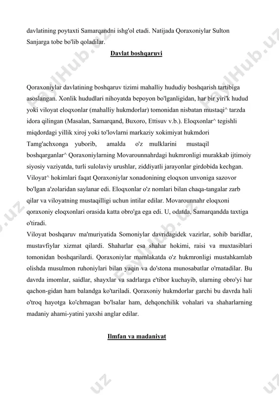 farg'onani o'ziga bo'ysundirib, mustaqil siyosat yurita^ boshlaydi. natijada qoraxoniylar ikki mustaqil davlatga ajralib ketadi. biri poytaxti bolosog'unda bo'lgan sharqiy qoraxoniylar, ikkinchisi markazi samarqandda bo'lgan movarounnahrdagi qoraxoniylar davlati edi. bu g'alabalarda so'ng ibrohim tamg'ach "bug'roxon" unvoniga sazovor bo'ladi, saljuqiylar bilan qoraxoniylar o'rtasidagi munosabatlar dastavval yaxshi bo'lsa-da, ammo keyinchalik keskinlashib ketadi. bu ikki turk davlatlari o'rtasida shiddatli janglar bo'lib o'tadi. hatto, 1130-yilda saljuqiylar sultoni sanjar movarounnahrga qo'shin^ tortib, qoraxoniylar davlatining poytaxti samarqandni ishg'ol etadi. natijada qoraxoniylar sulton sanjarga tobe bo'lib qoladilar. davlat boshqaruvi qoraxoniylar davlatining boshqaruv tizimi mahalliy hududiy boshqarish tartibiga asoslangan. xonlik hududlari nihoyatda bepoyon bo'lganligidan, har bir yiri'k hudud yoki viloyat eloqxonlar (mahalliy hukmdorlar) tomonidan nisbatan mustaqi^ tarzda idora qilingan (masalan, samarqand, buxoro, ettisuv v.b.). eloqxonlar^ tegishli miqdordagi yillik xiroj yoki to'lovlarni markaziy xokimiyat hukmdori tamg'achxonga yuborib, amalda o'z mulklarini mustaqil boshqarganlar^ qoraxoniylarning movarounnahrdagi hukmronligi murakkab ijtimoiy siyosiy vaziyatda, turli sulolaviy urushlar, ziddiyatli jarayonlar girdobida kechgan. viloyat^ hokimlari faqat qoraxoniylar …