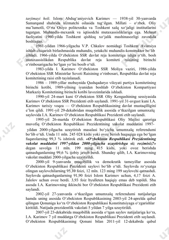 r, yakshanba kuni o‘zbekiston respublikasining davlat mustaqilligi to‘g‘risidagi masala bo‘yicha o‘zbekiston respublikasining referendumi o‘tkazilsin. 2. referendumda ovoz berish byulleteniga masala quyidagi ta’rifda kiritilsin: «o‘zbekiston respublikasi oliy kengashi tomonidan e’lon qilingan o‘zbekiston respublikasining davlat mustaqilligini ma’qullaysizmi?». referendumga katta tayyorgarlik ko‘rildi. referendumni uyushqoqlik bilan o‘tkazish maqsadida markaziy saylov komissiyasi, 13 okrug, 7 ming uchastka saylov komissiyalari tuzildi. 1991-yil 29-dekabr kuni bo‘lib o‘tgan referendumda 9 million 898 ming 707 kishi yoki saylov ro‘yxatiga kiritilganlarning 94,1 % qatnashdi. ularning 98,2 % referendumda qo‘yilgan savolni ma’qullab ovoz berdi. demak, o‘zbekistonning davlat mustaqilligi umumxalq tomonidan yakdillik bilan ma’qullandi. shuni ta’kidlash lozimki, referendum butun respublika hududida qonun asosida tashkiliy jihatdan uyushqoqlik, fuqarolarning yuksak siyosiy faolligi bilan o‘tdi. buni referendumda aqsh, turkiya, malayziya va boshqa mamlakatlardan kelgan mustaqil kuzatuvchilar ham tasdiqladilar. islom karimov – o‘zbekistonning birinchi prezidenti. o‘zbekiston mustaqillikka erishgandan keyin davlat boshqaruvining yangi, zamonaviy va samarali tizimi – prezidentlik respublika boshqaruvi shakli rivojlantirishga kirishildi. o‘zbekiston respublikasi oliy …