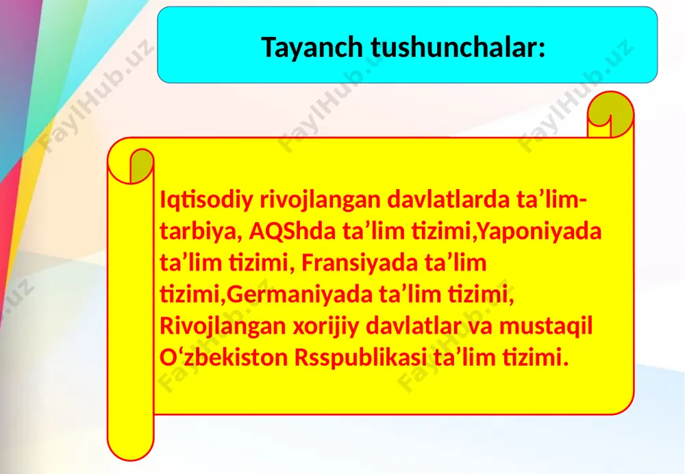 ni, quvayt, baa, qatar, ummon, baxrayn), qizil dengiz bo’yi va mavritaniya davlatlari. iqtisodiy rivojlangan davlatlar ta’lim tizimi. rivojlangan xorijiy davlatlarda ta’limning mamlakat ichki siyosatiga faol tasir etadigan ijtimoiy jarayon ekanligining e’tirof qilingani haqiqatdir. shu tufayli ham rivojlangan mamlakatlarda maktab ehtiyojini iqtisodiy ta’minlashga ajratilayotgan mablag’ miqdori yildan-yilga oshib bormoqda. aqsh, yaponiya, mamlakatlarida ta’lim tarbiya tizimi, mazmuni va rivojlanishi. amerika qo‘shma shtatlarida ta’lim tizimi amerika qo‘shma shtatlarida bolalar 6 yoshdan 17 yoshgacha 12 yil o‘qiydilar. ta’lim tizimi quyidagicha tashkil etilgan: 1. 3 yoshdan 5 yoshgacha maktabgacha tarbiya muassasalarida. 2. boshlang‘ich maktab. bu bosqich 1-5-sinflarni o‘z ichiga oladi. 3. to‘liq bo’lmagan o‘rta maktab. bu bosqich 6-8-sinflardan iborat. 4. yuqori maktab. bu bosqich 9-11-sinflardir. mazkur yuqori maktab bilan oliy ta’limni aralashtirmaslik kerak. amerika maktablarida 9-sinfgacha asosiy e’tibor matematikaga emas, balki tabiiy fanlarga qaratiladi. o‘quvchilar uchun yagona, majburiy darsliklar, qo‘llanmalar yo‘q. maktablarida texnikaviy jihatdan yaxshi jihozlangan, sinflar kompyuterlashtirilgan. har bir maktabda boshlang‘ich sinf o‘quvchilarini tashiydigan …