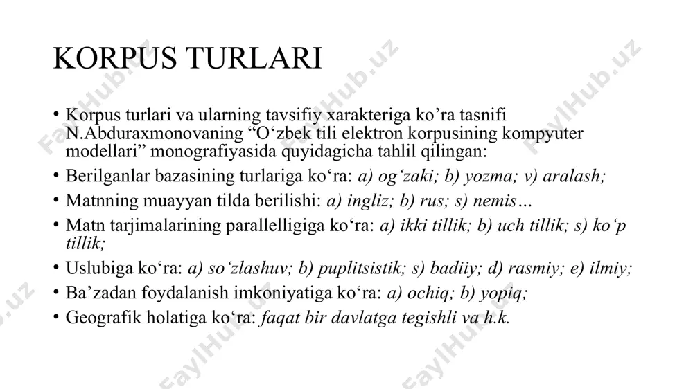borat. nkry 2004-yil aprel oyiga kelib rus tili milliy korpusi yaratildi(nkry). korpus barcha: rus tiliga qiziquvchilar, uni o‘rganuvchilar, xorijliklar, turli savollariga javob oluvchilar, maktab o‘quvchilari, talabalar va o‘qituvchi-professorlar uchun mo‘ljallangan. hajmi esa 1950-2010-yillardagi mavjud tekstlardagi 288.7 mln so‘z va so‘z birikmalaridan iborat. turklang korpuslari turkologiyada korpus yaratish xx asr o‘rtalariga kelib boshlangan bo‘lsada, uning rivojlanishi hozirgi asrga mos keladi. yaqin yillardan buyon “turklang” konferensiyasi o‘tkazilib kelinmoqda va undagi asosiy masala tillarning rivoji yo‘lida barcha imkoniyatlarni ishga solish, korpuslar va tezauruslar yaratish, avtomatik tarjima uchun yetarlicha manba yaratishdan iborat. mana shu konferensiya doirasida turli xalqlardan professor-olimlar qatnashib, tarjima vas hu kabi muammolarga yechim izlashadi. turklang.net platformasida o‘tkaziladigan konferensiya haqida ma’lumotlar topish, ularni o‘rganish, bundan tashqari ushbu manzil orqali turli elektron korpuslarga ham kirish mumkin. bu elektron korpuslar doirasida mualliflik, parallel va multimediyali korpuslar ham mavjud. turkiy web korpus - internetdan to‘plangan matnlardan tashkil topgan korpuslar to‘plami. ular oltita turkiy tillarni o‘z …