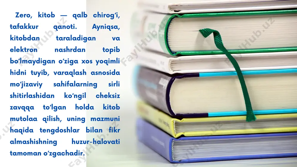 adi. sohibqiron amir temur taʼbiri bilan aytganda, “kitob (bitig) barcha bunyodkorlik, yaratuvchilik va aql-idrokning, ilmu donishning asosidir, hayotni yaratuvchi murabbiydir”. shu maʼnoda, shaklidan qatʼi nazar, barcha kitoblar milliy oʻzligimiz hamda umuminsoniy qadriyatlarni targʻib etishga xizmat qilishi ayni muddao. alisher navoiy hazratlari deydilarki, “kitob – beminnat ustoz, bilim va maʼnaviy yuksalishga erishishning eng asosiy manbai”. xalqimizda kitob oʻqib, munosib taʼlim-tarbiya olish, ilm-fan bilan shugʻullanishning ahamiyatiga doir maqollar ham juda koʻp. jumladan, “kitobsiz aql – qanotsiz qush”, “baxt belgisi – bilim”, “bilim – aql chirogʻi”, “ilm baxt keltirar, bilim taxt keltirar”, “hunar – oqar buloq, ilm – yonar chiroq”, “oltin olma, bilim ol, bilim olsang, bilib ol”. bunday purhikmat naqllarni uzoq davom ettirish mumkin. jahon adabiyoti vakillari ham kitoblarning inson hayotidagi tarbiyaviy ahamiyatini koʻplab asarlarida aks ettirishgan. masalan, lev tolstoyning “urush va tinchlik” asari insoniyatning eng buyuk axloqiy darslaridan biri boʻlib, oʻquvchilarni mantiqiy va axloqiy tanlovlar ustida mulohaza qilishga undaydi. u oʻzining …