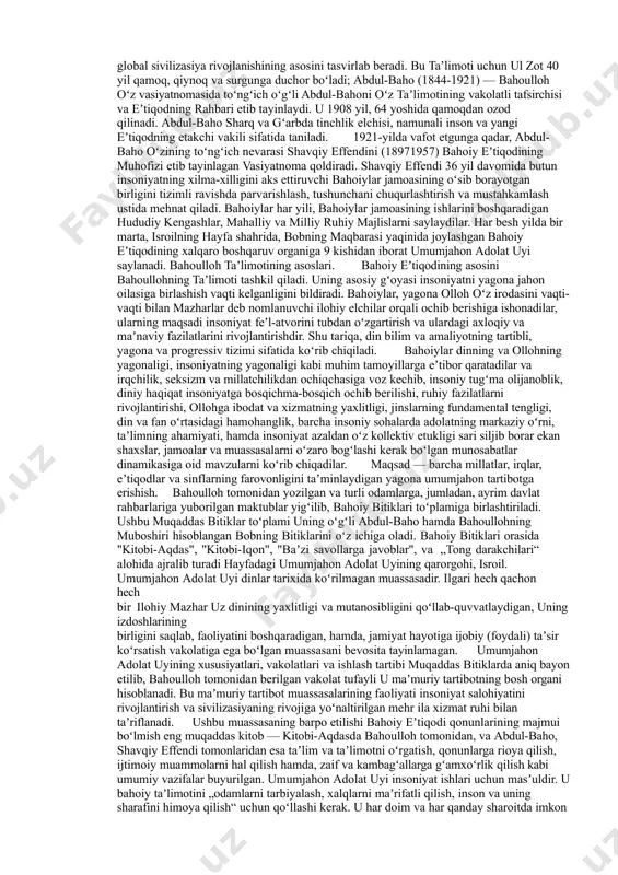 ik faoliyatida qatnashishi shart. jumladan, jamoa rahbariyati tomonidan har bir a’zo oyiga 10 soatdan 150 soatgacha missionerlik faoliyatiga sarflashlari talab qilinadi. jamoa a’zolari qancha ko‘p vaqtlarini missionerlikka sarflaganlariga qarab tashkilot ierarxiyasida ko‘tarilib boradi. so‘nggi paytlarda iegovochilar maktab o‘quvchilari va yoshlar orasida targ‘ibot ishlarini olib borishga intilish kuchli namoyon bo‘layotganini ta’kidlash zarur. ana shunday maqsadli faoliyat natijasida iegovochilar soni yildan-yilga ortib bormoqda. ma’lumotlarga ko‘ra, hozirda iegovochilar soni dunyo bo‘yicha qariyb 7 millionni tashkil etadi. ularning bosh tashkiloti tomonidan adabiyotlar nashr etish, cherkovlar faoliyatini ta’minlashga ketadigan sarf-xarajatlardan tashqari missionerlarning kundalik xarajatlariga yiliga 100 million aqsh dollariga yaqin mablag‘ sarflanadi. mormonlar. mazkur oqimga 1830 yili nyu-york (aqsh) shahrida jozef smit (1805-1844) ismli shaxs tomonidan asos solingan. smit 1823 yilda vermont shahridagi sheron o‘rmonida kambag‘al va bechora tarafdorlariga moroni nomli bir farishtaning o‘ziga vahiy olib kelganini da’vo qiladi. unga ko‘ra moroni, smitga nyu-yorkdagi kumora tepaligiga ko‘milgan, qadimgi misr tilida yozilgan oltin lavhlar va ularni …