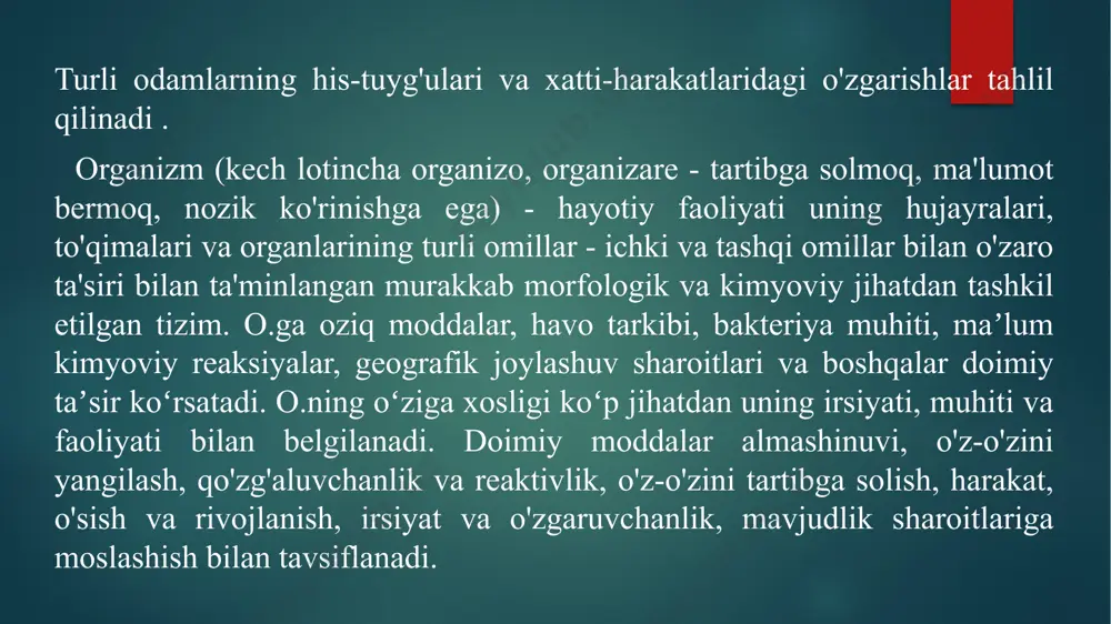 igar, yurak, bachadon va boshqalar) muayyan o'ziga xos funktsiyalarni bajaradigan integral organizmning alohida qismidir, degan fikr mavjud edi. har bir organ o'z shakli va tuzilishiga ega. har bir organ o'ziga xos xususiyatlarga ega. 1) topografik - organning ma'lum tana bo'shliqlarida joylashishi: ko'krak, qorin, tos bo'shlig'i (ba'zi a'zolar bu bo'shliqlardan chiqariladi: bo'yin ustidagi halqum, moyaklar - yoriqda). 2) genetik - turli organlarning bir tizimdan rivojlanishi (masalan, buyraklar va jinsiy bezlar). 3) funksional - ovqat hazm qilish, nafas olish va chiqarish tizimlarining ajralmas funktsional hamkorligi. tizimlarning birida funktsiyalarning buzilishi muqarrar ravishda boshqa tana tizimlarida reaktsiyaga sabab bo'ladi. tirik organizm biologiya kabi fan tomonidan o'rganiladigan asosiy mavzudir. u hujayralar, organlar va to'qimalardan iborat. tirik organizm bir qator xarakterli xususiyatlarga ega bo'lgan organizmdir. u nafas oladi va ovqatlanadi, qo'zg'atadi yoki harakat qiladi, shuningdek, avlodlari ham bor. kimyoviy tarkibi tirik organizm noorganik va organik moddalar molekulalaridan hosil bo'lgan organizmdir. ushbu komponentlarning birinchisi suv, shuningdek, mineral …
