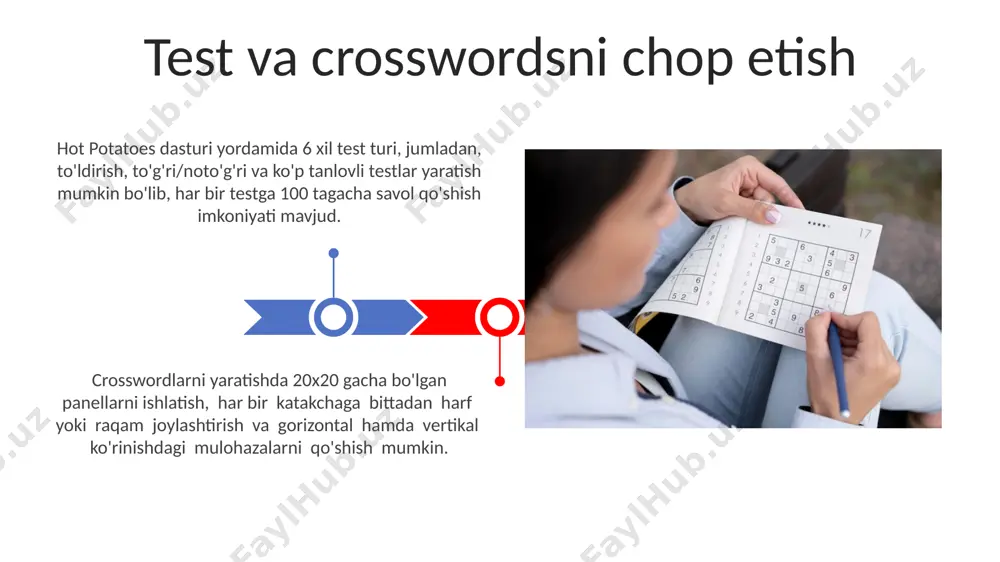 flar soni 8 tadan kam bo'lmagan va mavzuni aniq aks ettiruvchi 10 ta kalit so'zdan kam emas foydalanish samarali natijalar beradi. hot potatoes dasturida 5 dan ortiq variantli savollar yaratishda, to'g'ri javoblarni aniqlash uchun "javob kaliti" funksiyasidan foydalaning va ularni raqamlash orqali tartibga keltiring. savol turlarini tanlash hot potatoes dasturida 6 xil savol turi mavjud boʻlib, ularning har biri turli xil testlarni yaratishga imkon beradi: tanlovli savollar, toʻldirish savollar, toʻgʻri/notoʻgʻri savollar va boshqalar. har bir savol turiga 10 tadan ortiq javob varianti qoʻshish mumkin, bu esa testni yanada murakkab va qiziqarli qilish imkonini beradi. shuningdek, ballarni belgilash ham mumkin. crosswords yaratish uchun vositalar dasturda 50 dan ortiq turli xil tematik krossvordlar yaratish imkoniyati mavjud bo'lib, ularni html formatida saqlash va onlayn tarzda ulashish mumkin. krossvordlarni yaratishda turli xil qiyinchilik darajalarini (boshlang'ich, o'rtacha, yuqori) tanlash imkoniyati mavjud, bu esa har xil bilim darajasiga ega bo'lgan o'quvchilar uchun moslashuvchanlikni ta'minlaydi. o'quvchilar uchun …