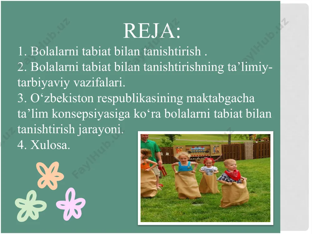 undashimiz mumkin. bu esa bolalarni tabiatga bo’lgan hurmat va e’tiborini oshiradi.o’yin tufayli bola baquvvat, sog’lom, bo’lib rivojlansa, o’yin tabiat qo’ynida tashkil etish esa bolaning estetik rivojlanishi, dunyoqarashini kengaytirishi, tabiatni his qilish, sezish kabilarni rivojlantiradi. foydalanilgan adabiyotlar! qodirova f. r., toshpo‘latova sh.q., qayumova n. m., a’zamova m. n. maktabgacha pedagogika. “tafakkur”nashriyoti.2019. mirzayev t.,g‘afurov z. tabiatni e’zozlash umumbashariy muammo. “yangi asr avlodi” nashriyoti. 2001. djanpeisova g. e., rasulxo‘jayeva m. a., qosimova d., tabiat bilan tanishtirish metodikasi. toshkent 2019. hasanboyeva o., jabborova x., nodirova z., tabiat bilan tanishtirish metodikasi. “cho‘lpon” nmiu 2016. alimova g. bolalar psixologiyasi va uni o‘qitish metodikasi. “o‘zbekiston yozuvchilar uyushmasi adabiyot jamg‘armasi” nashriyoti. 2006. e’tiboringiz uchun rahmat! image2.jpeg image3.png image3.svg image4.jpeg image5.png image6.svg image6.png image7.jpg image8.png image9.jpeg image10.jpeg image11.jpeg image12.jpeg image13.jpeg image14.jpeg image15.png image16.png image17.png image18.png image19.jpeg /docprops/thumbnail.jpeg