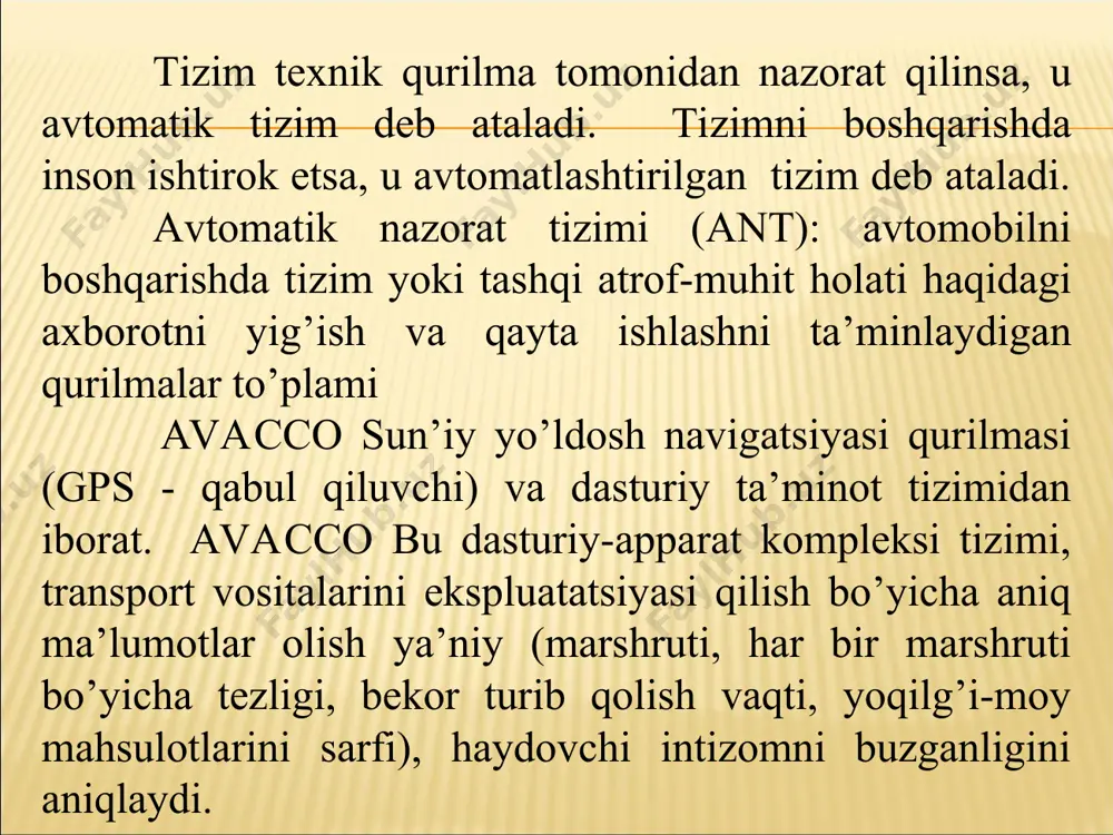 an xatoliklar ya’niy xarakat vaqtida tizimlar ishni nazorat qilish avtmobil haydovchisi ishini osonlashtiradi. dvigatellarni elektron boshqarish, tizimlari orasida ishonchli ishlashi va yuqori samaradorlikni ta’minlaydigan elektron tizimdir, dvigatelni yoqish va ishga tushirish hamda boshqa ishlar kiradi. bortli ixtisoslashtirilgan transport vositalar haydovchiga uchun zarur bo’lgan turli xil ma’lumotli ekranga chiqarish uchun quydagilarni o’z ichiga oladi; - avtomobilning komforini oshiradigan tizimlar; navigatsiya tizimlari; o’g’rilik qarshi vositalar. mahalliy tarmoqlar. (jps) texnologiyasiga asoslangan tizimlar ma’lumotlar uzatish, ularni saqlash ko’paytirmoqda. ular avtomobildagi simlar uzunligini sezilarli darajada kamaytirishi mumkin ekan. lekin avtomobil bilan aloqani yaxshilaydi. bugungi kunda turli xil elektron tizimlar bilan jihozlangan avtomobillar soni sezilarli darajada oshmoqdi. elektron va mikroprosessorlarni so’nggi yutuqlar avtomobilni ishonchliligi va xavfsiz boshqarishni ta’minlashga yordam berdi. zamonaviy avtomobillarning elektron tizimlarini tasniflash quyidagilarni o’z ichiga oladi: - esua - elektronnыe sistemы upravleniya avtomobilem; esud - elektronnиe sistemи upravleniya dvigatelem; sbsa - spetsializirovannыe bortovыe sistemы avtomobilya; lvs - lokalie ichislitelie seti. - aebt - …