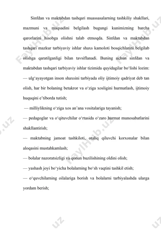 arbiyaviy ishlar tashkilotchilari tomonidan uyushtiriladi. tarbiyaviy ishning asosiy yo‘nalishlari: — o‘quvchilarda ilmiy dunyoqarash asoslarini shakllantirish, ularni milliy istiqlol ruhida tarbiyalash; — o‘quvchilarda axloq madaniyatini, ularning o‘z huquq va burchlariga nisbatan ongli munosabatni tarbiyalash; — o‘quvchilarning ijtimoiy foydali mehnatini tashkil etish; — o‘quvchilarda o‘z-o‘zini boshqarish malakalarini shakllantirishdir. boshlang‘ich sinf o‘quvchisi va sinf rahbari faoliyatining asosiy vazifalaridan biri o‘quvchilarning ahil tarbiyaviy jamoasini tashkil etishdir. boshlang‘ich jamoa ishi shunday quriladiki, undan sinfning boshqa jamoalari bilan aloqasi doimiy ravishda amalga oshiriladi, umumiy maktab an’analari saqlanadi. boshlang‘ich jamoa o‘qituvchi-tarbiyachi va sinf rahbari, o‘quvchilar o‘z-o‘zini boshqarish organlari rahbarligida umummaktab ijtimoiy foydali ishlari faoliyatida ishtirok etadi. o‘qituvchi va sinf rahbari sog‘lom, ahil bolalar jamoasini shakllantirish bilan birga doimiy bolalar qiziqishlarini qo‘llab-quvvatlaydilar, ularning ijtimoiy foydali faoliyatini yo‘naltirib boradilar. kichik yoshli o‘quvchilar juda faol va harakatchan bo‘ladilar. faollikka intilish bu yoshdagi bolalarning organik ehtiyojidir. biroq bunda bolalar hali yetarli hayotiy tajribaga ega bo‘lmaydilar va kundalik pedagogik rahbarlikka ehtiyoj sezadilar. …