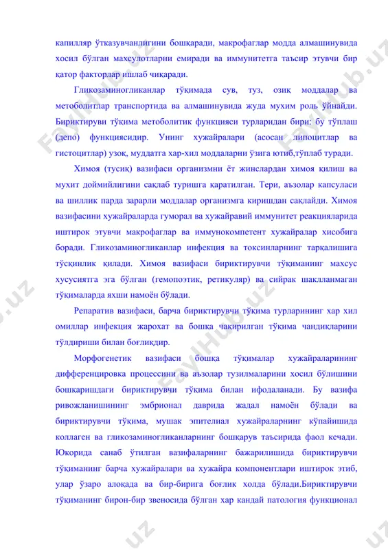 ида бириктирувчи тўқиманинг янги хужайралари уларнинг хужайралараро моддалар билан муносабатлари янги поғонада ўрганиб чиқилмокда: масалан коллагеннинг янги турлари фибробластнинг турлари ёки айрим аъзоларидаги фибробластга ўхшаш хужайраларнинг тузилиш ва функционал жихатдан фибробластга яқинлашуви кабилар. фибробластлар бириктирувчи тўқиманинг энг кўп тарқалган хужайраларидандир. бу хужайранинг асосий вазифаси: хужайралараро модда ишлаб чиқариш, хужайралараро модда толаларини хосил қилиш ва ундаги модда алмашинувини бошқаришдан иборатдир. асосий модда толалар билан биргаликда сут змизувчилар танасида аъзолар стромасини хосил қилувчи бириктирувчи тўқиманинг архитектоникасини ташкил этади, нерв толалари билан биргаликда ётади. фибробластлар дифференцировканинг хар хил босқичларида бўладилар. еруғлик микроскопи остида фибробласт юмалоқ ёки узунсимон нотўғри шаклдаги овалсимон ядроли хужайрадир . цитоплазмасининг четки қисмлари суст бўялади ва ўсимталар хосил қилади .фибробластлар ишлаб чиқарган хужайралараро модда билан ўралиб, ўзининг бўлиниш хусусиятини йўқотади ва фиброцитга айланади. плазматик хужайралар в - лимфоцитлардан хосил бўлганлиги учун "иммигрант" хисобланади. шунинг учун в - лимфоцитлар плазмобластлар ва плазматик хужайра олди хисобланади. плазматик хужайра синтезлаган антителлалар кўп омилларга …
