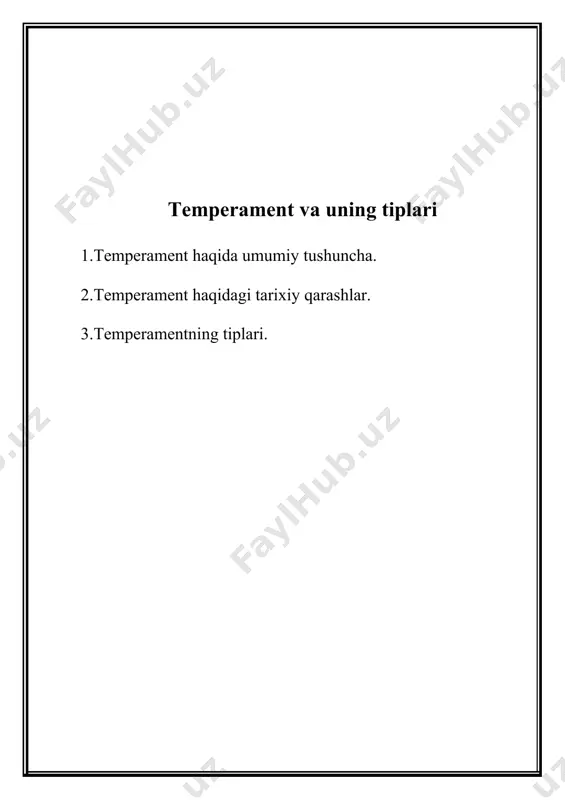 uning turli faoliyatlarida, muomalasida ifodalanadi. 2. temperament xususiyatlari tabiiy shartlanganlik omiliga taalluqli bo‘lganligi tufayli inson haѐti va faoliyatining (umrining) davomida ѐki uning muayyan bir bo‘lagida (ta’sirga beriluvchanligi sababligidan qat’iy nazar) barqaror, o‘zgarmas va mustahkamdir. 3. yakkahol shaxsga dahldor temperamentning turli xususiyatlari o‘zaro bir-biri bilan g‘ayriqonuniy ravishda birlashgan bo‘lmasdan, balki ular o‘zaro bir-biri muayyan qonuniyat asosida mujassamlashib, xuddi shu xususiyatlar uning tiplarini tavsiflovchi o‘ziga xos to‘zilmani vujudga keltiradi. psixologiya fanida temperament xususiyatlari deganda, alohida bir shaxsning psixik faoliyati dinamikasini belgilovchi psixikaning barqaror, o‘zgarmas individual-tipologik xususiyatlari majmuasi tushuniladi. mazkur xususiyatlar turli shakl va mazmunga ega bo‘lgan motivlarda, psixik holatlarda, maqsadlarda, faoliyatlarda nisbatan o‘zgarmas temperament tipini tavsiflovchi to‘zilmani tashkil qiladi. psixologiya fanining ijtimoiy tarixiy-taraqqiѐti davrida temperamentga nisbatan bildirilgan mulohazalar, uning moddiy asosi to‘g‘risidagi talqinlar xilma-xil bo‘lib, shaxsning psixologik xususiyatlarini o‘ziga xos tarzda tushuntirish uchun xizmat qilib kelgan. temperament lotincha «temperamentum» degan so‘zdan olingan bo‘lib, buning ma’nosi «aralashma» degan tushunchani anglatadi. temperament to‘g‘risidagi dastlabki …