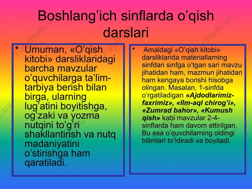 , 4-sinfda x. to’xtaboevning «xatosini tushungan bola» hikoyasini ifodali o’qishdan oldin o’quvchilarga xatosini tushungan bola kim ekanligi, uning xatosi nimalardan iborat bo’lganligi, maqtanchoqlikning illat ekanligi to’g’risida tushuncha beriladi. sinfda o’qishning muvaffaqiyatini ta’minlaydigan omillardan biri tanlab o’qishdir. masalan, 3-sinfda x. to’xtaboevning «hassa» hikoyasi bilan tanishish jarayonida qobil boboning savollariga shavkatning javoblari yoki s. anorboevning «bahs» hikoyasidagi bolalarning bahslashish epizodi yuzasidan o’qituvchi topshirig’iga ko’ra mazkur o’rinlarni tanlab qayta o’qilishi natijasida ushbu asarlarning badiiy-estetik qimmatini chuqurroq o’zlashtirishga erishiladi. to’g’ri o’qish. to’g’ri o’qish deganda xato qilmasdan, yanglishmasdan o’qish tushuniladi, ya’ni to’g’ri o’qish so’zning tovush-harf tarkibini, grammatik shakllarni buzmasdan, so’zdagi tovush yoki bo’g’inni tushirib qoldirmay, boshqa tovushni qo’shmay, harflar o’rnini almashtirmay, aniq talaffuz qilib, so’zga urg’uni to’g’ri qo’yib o’qish hisoblanadi. to’g’ri o’qish so’zning uzun-qisqaligiga, o’quvchining so’z boyligiga, ya’ni so’zning leksik ma’nosini qanchalik bilishiga hamda so’zning bo’g’in va morfemik tarkibiga bog’liq.. o’qituvchining tuzilishi murakkab so’zlarni oldindan xattaxtaga yoki kartonga bo’g’inlarga bo’lib yozib qo’yib, o’quvchilarga ovoz chiqarib …