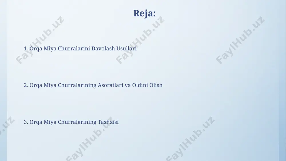 da sabab bo'lishi mumkin. tug'ma orqa miya churralarining sabablari embrional rivojlanishning 4-haftasida neyral nayning yopilishidagi buzilishlar 85% gacha tugʻma orqa miya churralariga olib kelishi mumkin, bu jarayonda genetik mutatsiyalar muhim rol oʻynaydi. tugʻma orqa miya churralarining 70% dan ortiq hollarda aniq sababi nomaʼlum boʻlib, genetik omillar va folat kislotasi yetishmasligi kabi xavf omillari taʼsir koʻrsatishi mumkin. postoperatsion davr va parvarish toʻliq tiklanish davri individualdir, lekin oʻrtacha 4-6 hafta davom etadi. bu davrda bemorlarga jismoniy faoliyatni asta-sekin oshirish va shifokor tavsiyalariga qatʼiy rioya qilish tavsiya etiladi. postoperatsion davrda bemorlarning 70-80%ida ogʻriq kuzatiladi, shuning uchun ogʻriq qoldiruvchi vositalarni tayinlash va muntazam nazorat qilish muhim ahamiyatga ega. orqa miya churrasining diagnostikasi miyelografiya, rentgenografiya bilan birgalikda, orqa miya churrasining lokalizatsiyasi va nerv ildizlariga bosimi haqida qo'shimcha ma'lumot beradi, ammo mrtga nisbatan kamroq qo'llaniladi. orqa miya churrasining og'irlik darajasini aniqlashda, klinik belgilar bilan bir qatorda, visual analog shkalasi (vas) yordamida bemorning og'riq darajasini o'lchash va …