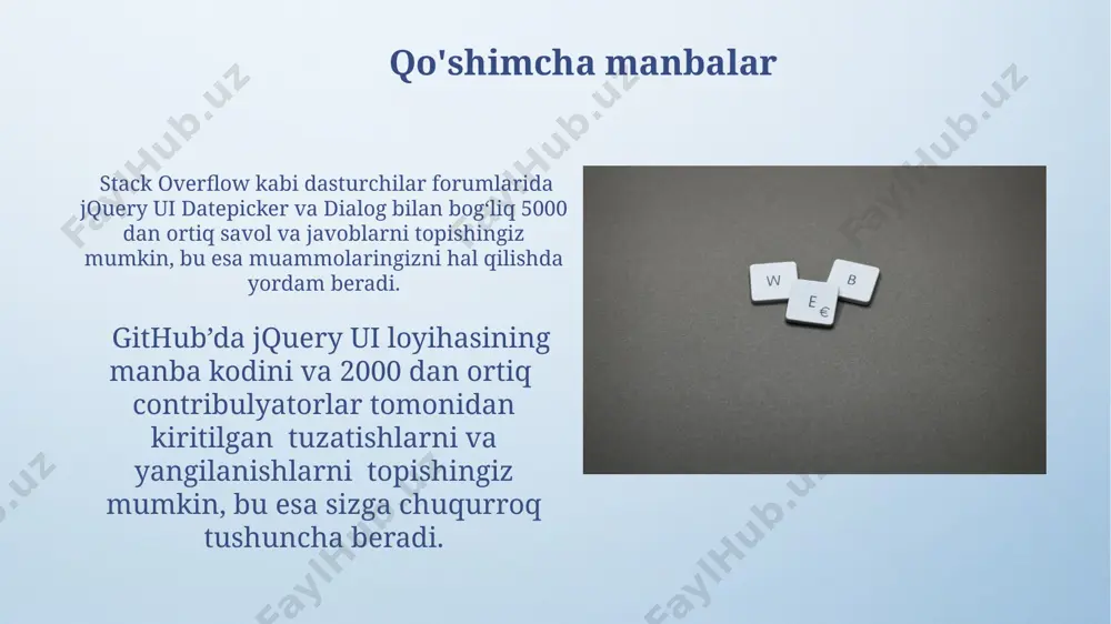 atini beradi. datepicker’dan tanlangan sana dialog oynasining sarlavhasiga dinamik ravishda, masalan, "sana: 2024-10-26" ko'rinishida qo'shilishi va 200ms animatsiya bilan yangilanishi mumkin. bu foydalanuvchi interfeysini yanada qulayroq qiladi. dialog sozlamalari dialog oynasini ochish va yopish uchun `open()` va `close()` metodlaridan foydalaning, shuningdek, tugmalar sonini (minimal 2 ta) va ularning matnini belgilashingiz mumkin. dialog oynasiga maxsus css sinflarini qo'llash orqali uning tashqi ko'rinishini (fon rangi, chegaralar, shrift) va funksiyalarni (masalan, 10 soniyadan keyin avtomatik yopilish) sozlash mumkin. amaliy misol: sanani tanlash va tasdiqlash oynasi dialog oynasida foydalanuvchi sana to'g'risida qo'shimcha ma'lumotlarni, masalan, hafta kuni nomini yoki sana raqamini ko'rish imkoniyatiga ega bo'ladi, bu funksiyani 3 qatorlik kod yordamida qo'shish mumkin. agar foydalanuvchi dialog oynasidagi "bekor qilish" tugmasini bossagina, datepicker kalendaridan tanlangan sana qayta tiklanadi va dialog oynasi yopiladi; bu jquery ui ning .dialog("close") metodi yordamida amalga oshiriladi. datepicker widgeti bilan tanishish jquery ui datepicker’ning 100 dan ortiq sozlamalari mavjud bo'lib, ular sanani …
