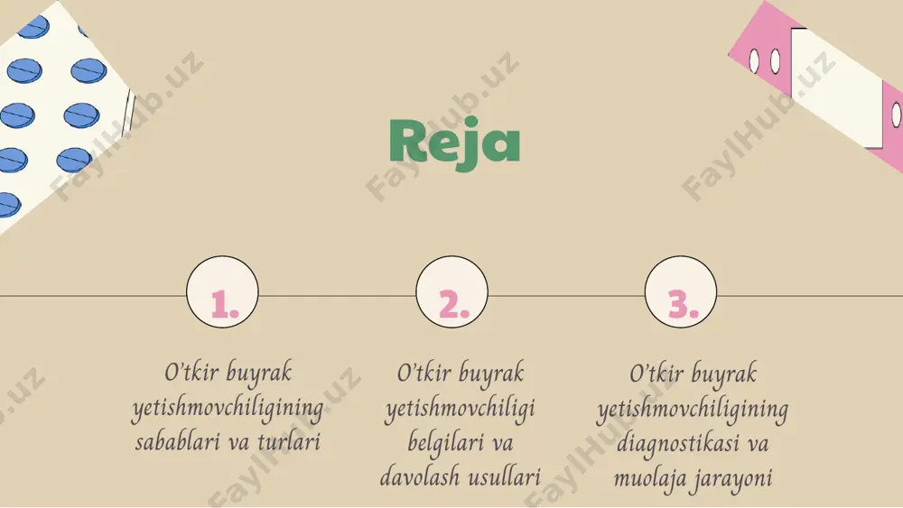 ish zarur bo’ladi. diuretik bosqich diuretik bosqichda siydik chiqarish ko’payadi, ammo elektrolitlar balansida buzilishlar kuzatilishi mumkin. bu holatning nazorati muhimdir. ommaviy belgilar o’tkir buyrak yetishmovchiligining umumiy belgilariga uyquchanlik, ko’ngil aynishi va ishtahaning yo’qolishi kiradi. bular tezkor davolanishni talab qiladi. o’tkir buyrak yetishmovchiligini davolash usullari o’tkir buyrak yetishmovchiligi davolash usullari bemorning holatiga va kasallikning bosqichiga bog’liq. davolashda simptomatik terapiya, ekstrakorporal gemokorrektsiya va boshqa muolajalar qo’llaniladi. optimal qon bosimi va diurezni saqlash, shuningdek, suv va elektrolitlar balansini tiklash o’tkir buyrak yetishmovchiligi davolashida muhimdir. gemodializ esa, buyrak funktsiyasi yetarli emasligi hollarda, bemorning hayotini saqlab qoladi. har bir bosqichda bemorning holatini yaxshilash va hayot sifatini oshirish maqsadida individual yondashuvlar qo’llanilishi zarur. diagnostika usullari o’tkir buyrak yetishmovchiligining diagnostikasi klinik va biokimyoviy qon va siydik sinovlari orqali amalga oshiriladi. qon va siydik tahlillari azotemiya va elektrolitlar darajasini aniqlash uchun qon va siydik tahlillari o’tkaziladi, bu buyrak funktsiyasini belgilaydi. instrumental tadqiqotlar siydik tizimi tekshiruvi instrumental tadqiqotlar yordamida …