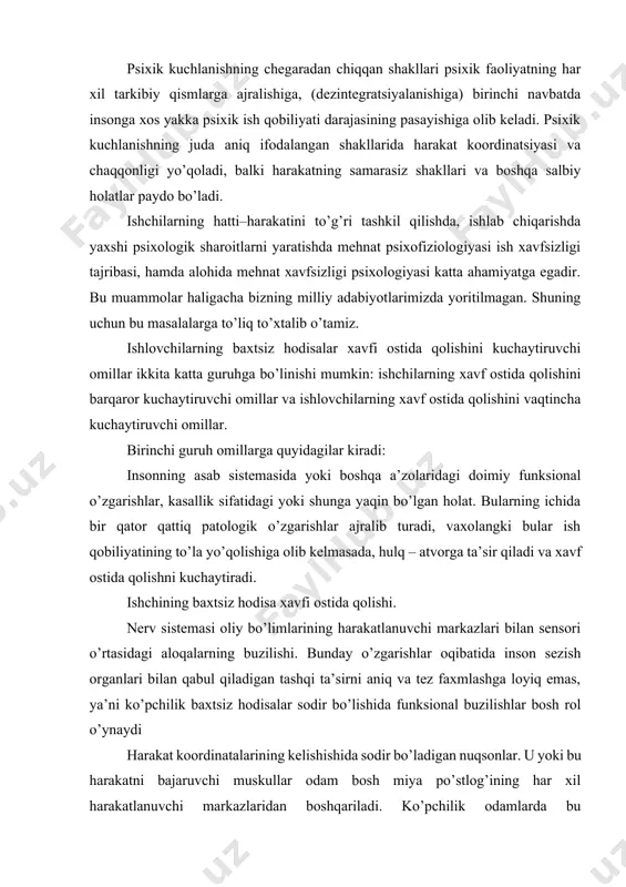 g buzilishi. bunday o’zgarishlar oqibatida inson sezish organlari bilan qabul qiladigan tashqi ta’sirni aniq va tez faxmlashga loyiq emas, ya’ni ko’pchilik baxtsiz hodisalar sodir bo’lishida funksional buzilishlar bosh rol o’ynaydi harakat koordinatalarining kelishishida sodir bo’ladigan nuqsonlar. u yoki bu harakatni bajaruvchi muskullar odam bosh miya po’stlog’ining har xil harakatlanuvchi markazlaridan boshqariladi. ko’pchilik odamlarda bu markazlarning faoliyati yetarsiz darajada kelishilmasdan kechadi, natijada murakkab kombinatsiyalashgan harakatlardan tashkil topgan usullar va operatsiyalarni bajarishda insonda ayrim uzilishlarni kuzatish mumkin, ya’ni vaqt-vaqti bilan ishchi o’zini yo’qotadi va u ayrim harakatlarni esdan chiqaradi. bunday holatlarda harakatning kelishilmaganligi kishining diqqat e’tiboridagi va emotsional uyalish holatidagi nuqsonlari bilan qo’shilib ketadi. koordinatsiyaga ega bo’lmagan harakatdagi odamlarni baxtsiz hodisa xavfi bo’lgan ishlarda iloji boricha ishlatish maqsadga muvofiq emas, ayrim hollarda ularni boshqa ishga o’tkazish lozim arzimas tashqi qo’zg’atuvchiga nisbatan o’tkir emotsional reaksiya. yengiltaklik, oqibatlarni o’ylamaslik, bajarishdagi shoshma- shosharlik, o’ylash jarayonlarining yuzaki xarakteri, fikrlash doirasining yo’qligi ishda xatoning bo’lishiga olib keladi. …