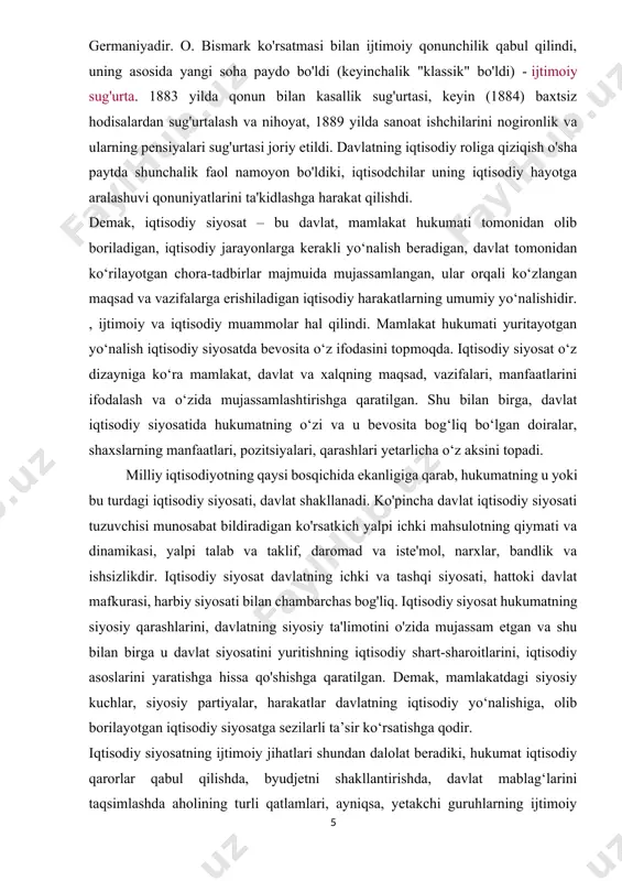 t, davlat va xalqning maqsad, vazifalari, manfaatlarini ifodalash va o‘zida mujassamlashtirishga qaratilgan. shu bilan birga, davlat iqtisodiy siyosatida hukumatning o‘zi va u bevosita bog‘liq bo‘lgan doiralar, shaxslarning manfaatlari, pozitsiyalari, qarashlari yetarlicha o‘z aksini topadi. milliy iqtisodiyotning qaysi bosqichida ekanligiga qarab, hukumatning u yoki bu turdagi iqtisodiy siyosati, davlat shakllanadi. ko'pincha davlat iqtisodiy siyosati tuzuvchisi munosabat bildiradigan ko'rsatkich yalpi ichki mahsulotning qiymati va dinamikasi, yalpi talab va taklif, daromad va iste'mol, narxlar, bandlik va ishsizlikdir. iqtisodiy siyosat davlatning ichki va tashqi siyosati, hattoki davlat mafkurasi, harbiy siyosati bilan chambarchas bog'liq. iqtisodiy siyosat hukumatning siyosiy qarashlarini, davlatning siyosiy ta'limotini o'zida mujassam etgan va shu bilan birga u davlat siyosatini yuritishning iqtisodiy shart-sharoitlarini, iqtisodiy asoslarini yaratishga hissa qo'shishga qaratilgan. demak, mamlakatdagi siyosiy kuchlar, siyosiy partiyalar, harakatlar davlatning iqtisodiy yo‘nalishiga, olib borilayotgan iqtisodiy siyosatga sezilarli ta’sir ko‘rsatishga qodir. iqtisodiy siyosatning ijtimoiy jihatlari shundan dalolat beradiki, hukumat iqtisodiy qarorlar qabul qilishda, byudjetni shakllantirishda, davlat mablag‘larini …