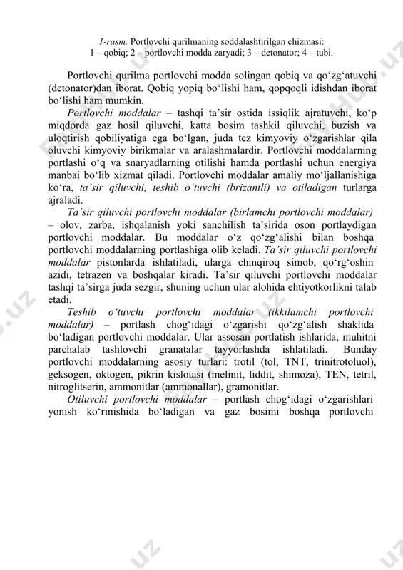 i beradi. portlovchi qurilmalarni qismlarga ajratish taqiqlanadi! portlovchi qurilmalarni qismlarga ajratish portlash texnikasi sohasining mutaxassisi tomonidan amalga oshiriladi! agar portlovchi qurilmalar qismlarga ajratilgan holda ekpertizaga taqdim etilgan bo‘lsa, u holda quyidagilarni aniqlash mumkin: – kimyoviy tahlil, yupqa qatlamli xromatografiya usullari bilan portlovchi moddalarning tipini; – kimyoviy tahlil, emission spektral tahlil usullari bilan qurilma sirtining tabiati va eritmasini. ekspertiza amaliyotida shtatli portlovchi qurilmalarning markirovka belgilari va rangi ularning zapallari bilan mos kelmagan hollar ham uchraydi (masalan, f-1 qo‘l granatasida). jangovar granatalar xuddi o‘quv-mashq granatalari kabi bo‘yalgan yoki aksincha hollar juda ko‘p bo‘ladi. jangovar granatalarning sirtida va ularning richaglarida «u», «ucheb» («o‘», «o‘quv», ya’ni «o‘quv-mashq qurollari») kabi belgilar mavjud bo‘lishi mumkin. bunday hollarda ehtiyotkorlik bilan, ularning tuzilishi va zaradi tabiatini faqatgina rentgenoskopiya, rentgenografiya va radioaktiv izotoplarning gamma nurlarida fotosuratga olish orqali tekshirib, bu qurollarning jangovar yoki o‘quv-mashq qurollari turkumiga tegishli ekanligi haqida xulosa chiqarish kerak. portlovchi qurilmalardan ekspertiza amaliyotida ko‘proq dushmanning tirik …