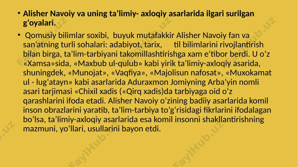 nson yashagan jalliyat ham ravnak topishi, barcha xalk baxt- sodatga erishishi mumkin deb hisoblagan. husayn voiz koshifiy xam o‘z davrining yirik olimi sanaladi. husayn voiz koshifiyning (taxm.1440-1505 yy.) hirotda abduraxmon jomiy, alisher navoiylar bilan xamkorligi ilm-fan taraqqiyotida katta axamiyat kasb etgan.husayn voiz koshifiy axlok,nujum,mantiq,adabiyotshunoslik, riyoziyot, xisob, islom tarixi, iloxiyot, tarix, musiqashunoslik, tasviriy san’at, tabobat ilmiga oid 200 dan ortiq asar qoldirib, sharq ma’naviy madaniyatini rivojlantirishda o‘z o‘rniga ega. koshifiy xurosonda husayn boyqaroning voizi (notig‘i), ta’birchisi, maslaxatchisi sifatida shuxrat qozonadi. chunki koshifiy xuroson shaxarlarida va’z aytib, xulq-odob qoidalari, qur’on va hadis masalalarini sharxlab, xalq orasida xurmat-e’tibor kozongan. tadqiqotchilarning ta’kidlashicha, husayn voiz koshifiyning "axloqiy muxsiniy" asari ingliz, nemis, o‘zbek, turk tillariga tarjima qilingan. mazkur asar husayn boyqaroning o‘g‘li abdulmuxsin mirzoga bag‘ishlangan bo‘lib, inson kamoloti uchun eng zarur xislatlar ta’riflanadi. xusayn voiz koshifiy insonni bilim orqali tarbiyalash, uning aqliy qobiliyatini o‘stirish mumkin, deb bilimning insonni shakllantirish mezoni sifatida talqin etadi. u ilgari surgan …
