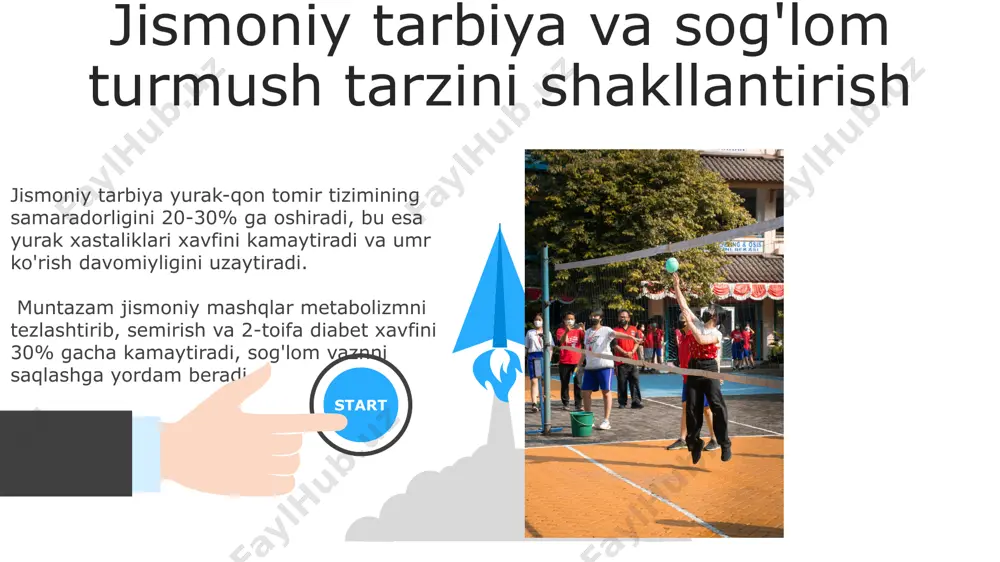 atijada xotira va kognitiv funksiyalarni 15% gacha oshiradi. suyaklar va mushaklarning sog'lomligi kuch mashqlari mushak massasini va kuchini sezilarli darajada oshiradi, natijada metabolizm tezlashadi va tana tarkibi yaxshilanadi, bu esa sog'lom vaznni saqlashga yordam beradi. jismoniy tarbiya suyak zichligini 10-15% ga oshirishi va osteoporoz xavfini kamaytirishi mumkin, bu esa mushak-skelet tizimining umumiy sog'lig'iga ijobiy ta'sir ko'rsatadi. 06 05 04 kelajakdagi tadqiqotlar va istiqbollar 01 02 jismoniy tarbiyaning sogʻliqqa taʼsirini baholashda katta maʼlumotlar tahlili va sunʼiy intellekt texnologiyalaridan foydalanish boʻyicha kelgusi 5 yil ichida 100 dan ortiq tadqiqot oʻtkazilishi rejalashtirilgan. yosh guruhlari boʻyicha jismoniy faoliyatning optimal darajalarini aniqlash va individual yondashuvlarni ishlab chiqish uchun genetik omillarni hisobga olgan holda keng koʻlamli epidemiologik tadqiqotlar olib boriladi. jismoniy faollik va yurak-qon tomir salomatligi muntazam jismoniy mashqlar qon xolesterolini yaxshilaydi, yomon xolesterin (ldl) miqdorini pasaytirib, yaxshi xolesterin (hdl) miqdorini oshiradi. jismoniy faollik yurak urish tezligini va qon bosimini normallashtiradi, shu bilan yurak-qon tomir kasalliklari …