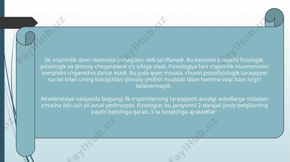 asarida (1952) ta’kidlashicha, psixik va somatik rivojlanish orasidagi boglovchi zveno bola tana tuzilishining o‘zgarishi va uni anglash hisoblanadi. biogenetik yo‘nalish namoyandalari olimlar e’tiborini taraqqiyotning psixik va jismoniy o‘zaro bogliqligini o‘rganishga qaratdilar. bu psixofiziologiya uchun katta ahamiyatga ega bo‘ldi. psixika taraqqiyotini faqat biologik qonunlar asosida tushunish muvaffaqiyatga erishmadi. ular taraqqiyotning ijtimoiy omillarining rolini yo‘qqa chiqarib, faqat biologik omillarning rolini bo‘rttirmoqchi bo‘ldilar. shunday nazariyalardan biri mashhur amerikalik psixolog a.gezell nazariyasidir. u taraqqiyotda biologik omillarga urg‘u beradi. gezellning fikricha, ilk o‘spirinlik yoshi 11 dan 21 yoshgacha davom etadi, ulardan birinchi besh yil (lldan 16 yoshgacha) bo‘lgan davr juda muhimdir. uning ta’kidlashicha, o‘n yil, oltin davr bo‘lib bola muvozanatli, hayotni oson idrok etadi, ota-onasi bilan muomalasi yaxshi, tashqi ko‘rinishi haqida qayg‘urmaydi. 11 yoshdan organizmda qayta qurish boshlanadi; bola ta’sirchan bo‘lib qoladi, qarshilik kolsatish (negativizm), kayfiyatning tez o‘zgarishi, tengdoshlari bilan janjallar, ota-onaga qarshi isyon paydo bo‘ladi. 12 yoshda hayotga munosabat ijobiylasha boshlaydi, o‘smirning oiladan uzoqlashishi …