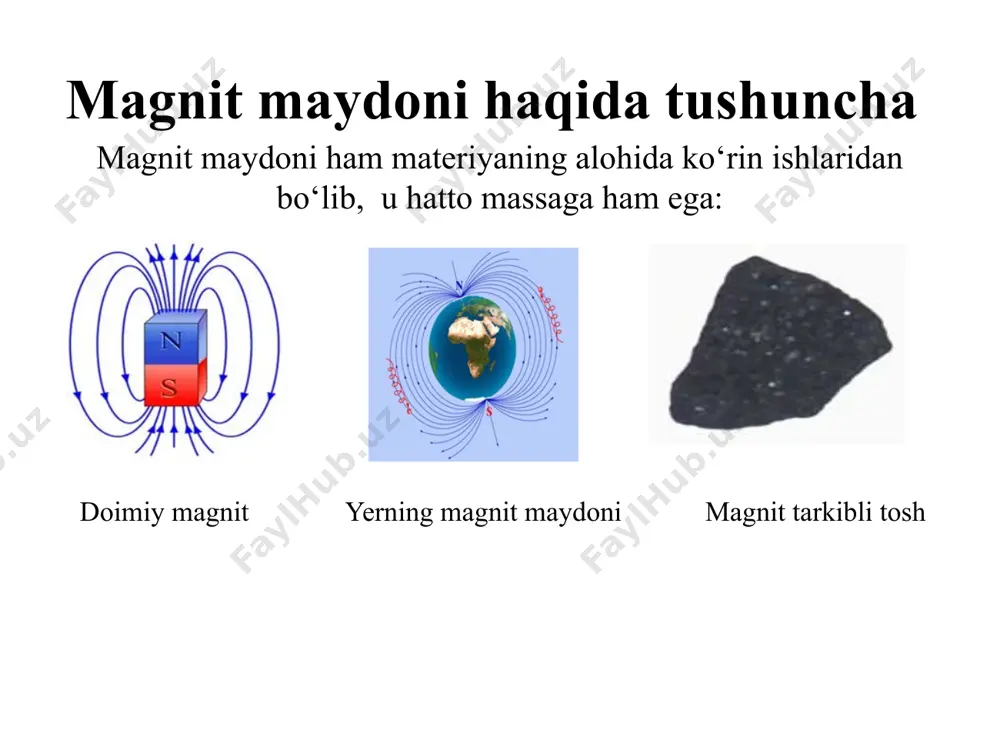 si magnit singdiruvchanlik µ (o‘lchov birligi genri / m (gn/m)) magnit singdiruvchanlik muhitning magnitik xususiyati ifodalovchi kattalik bo‘lib miqdor jihatdan magnit maydoni kuchlanganligi bilan magnit maydon induksiyasini bog‘laydi. yoki bu yerda вm va вв mos holda magnit maydonning muhitdagi va vakumdagi induksiyasi. magnit maydonni harakatlanayotgan elektron hosil qiladi turli muhitlar uchun в(н) bog‘lanish. vakuum uchun µ0 = 1, в= н. magnit maydon induksiyasi. (в, o‘lchov birligi tesla (tl)) xar qanday o‘tkazgichdan elektr toki o‘tganda bu o‘tkazgich atrofida magnit maydoni hosil bo‘ladi. tokli o‘tkazgichning magnit maydoni fizikaning elektromagnetizm qismida to‘liq o‘rganiladi. bu yerda faqat tokli o‘tkazgichdan hosil bo‘lgan magnit maydonning yo‘nalishini aniqlovchi o‘ng parma qoidasini takrorlab o‘tamiz. agar o‘ng parma uchining ilgarilanma harakati o‘tkazgichdagi tok yo‘nalishiga mos bo‘lsa, shu paytdagi parma dastasining yo‘nalishi o‘tkazgich atrofida hosil bo‘lgan magnit maydon kuchlanganligi n kuch chiziqlarining yo‘nalishini ko‘rsatadi (maydon yo‘nalishini aniqlashda o‘ng qo‘l qoidasi ham qo‘llaniladi). ўнг парма yoki ўнг қўл қоидаси chap kul …