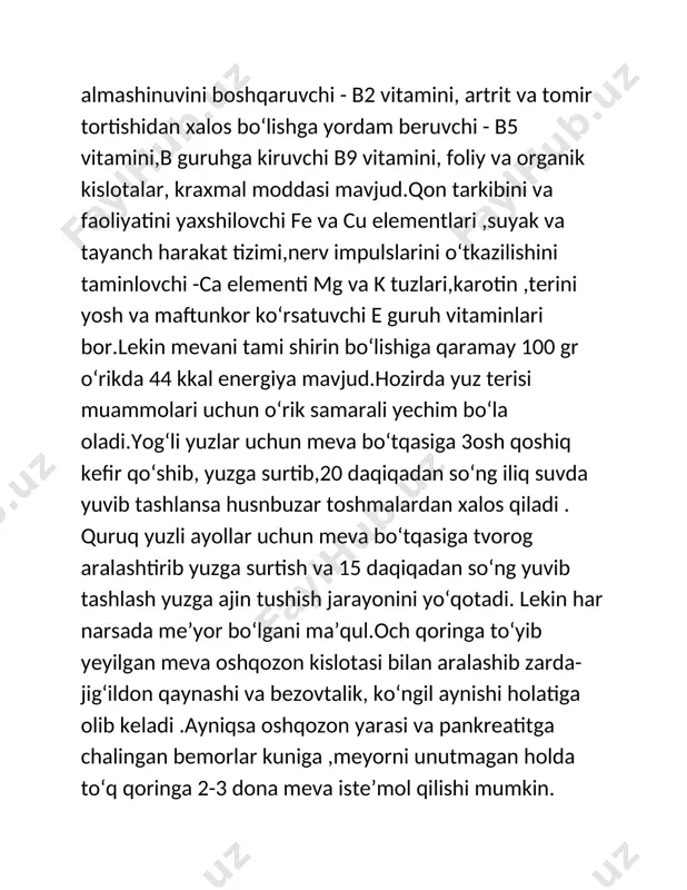 surtish - soch ildizini mustahkamlash,tanasini esa serjilo qilishini taʼminlaydi. shuningdek ushbu mahsulotni isteʼmol qilish miya faoliyati va xotira tizimini kuchaytiradi . turshak - oʻrik pishib yetilgandan soʻng quyoshda yoki qorongʻu xonada saqlangan mevasi turshakka aylanadi .ibn sino turshakni oʻzini yurak sanchigʻida , nafas yoʻllari yalligʻlanishi, koʻk yoʻtal va isitmada qoʻllagan. turshakdan tayyorlangan ichimlik esa jigar uchun foydali jihatlari borligi uni faoliyatini yaxshilashi fanga va xalq tabobatida maʼlumdir. shuningdek organizm yuqumli kasallik bilan chalingandan soʻng imunitetni va odam umumiy ahvolini yaxshi va tez tiklab olishiga yordam beradi. oʻrik,turshak va bulardan tayyorlangan ichimliklarga rayhon qoʻshib isteʼmol qilinsa yoqimli va foydali desert boʻla oladi. lekin och qorinda va meyordan ortiqcha isteʼmol qilish yaramaydi.chunki aksariyat hollarda ich ketishiga olib keladi. xulosa inson tanasida boʻlib turadigan kasallik holatini asosan oʻrik mahsulotlari bilan oldini olish.keyingi ikki yil ichida dunyo aholisi salomatligiga jiddiy xavf soluvchi koronavirus pandemiyasidan soʻng aholi immunitetini koʻtarish , koronavirus taʼsirida yuzaga keladigan boshqa …