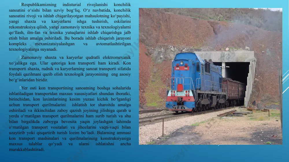 ksiyasiga maxsus talablar qo‘yadi va ularni ishlatishni ancha murakkablashtiradi. 1.1-rasm. temir yo‘l elementlari: 1-metall yostiqcha, 2-mustaxkamlovchi element (qoziq yoki bolt), 3-relslarni uchlarini maxkamlash boltlari, 4-rels, 5-protivougon, 6-shpal, 7-suv qochirish ariqchasi, 8-nakladkalar, 9-ballast qatlami. relsli yo‘llar tuzilishi temir yo‘l ostki qurilma (yer osti yo‘llarining zamini va suv oqimi uchun ariqcha) va ustki qurilma (ballast qatlami, shpal, rels va mustahkamlovchi qismlar) dan tuzilgan (4.1-rasm). temir yo‘l podezdlarining tekis va avariyasiz harakatini ta’minlash uchun mustahkam, pishiq va unda harakat uchun poyezdlarni hamda o‘z elementlarini ishlash muddatini uzaytirish uchun bir muncha elastik bo‘lishi kerak. temir yo‘lning (bo‘shliqqa) joylashishini uning trassasi, plani va profili orqali aniqlanadi. yo‘l o‘q chizig‘ining yerdagi (yoki kartadagi ko‘rinishi) ko‘rinishi yo‘l trassasi deyiladi. yo‘l trassasining gorizontal tekislikdagi ko‘rinishi yo‘l plani deyiladi. yo‘l trassasining vertikal tekislikdagi ko‘rinishi yo‘l profili deyiladi. relslar. temir yo‘llar qurilishida standart relslardan foydalaniladi. relslarning xili ularning bir metrining massasiga qarab (kg/m) belgilanadi. poyezdlarning og‘irligi, tezligi va serqatnovligi qancha …