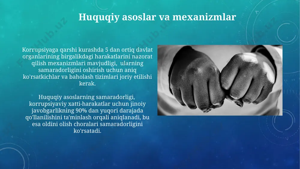 10% ga pasaytirishga yordam beradi. korrupsiyaga qarshi kurashda davlat organlarining roli korrupsiya bilan bog'liq jinoyatlar bo'yicha 2022-yilda 5000 dan ortiq ish qo'zg'atilgan bo'lib, bu davlat organlarining ushbu muammoni bartaraf etishdagi faol ishtiroki va huquqni muhofaza qilish idoralari samaradorligining yuqori ekanligidan dalolat beradi. davlat xaridlarida raqamli texnologiyalarni qo'llash orqali 2023-yilda taxminan 15% ga yaqin byudjet mablag'larining o'zlashtirilishi va isrof bo'lishining oldini olishga erishildi, bu esa davlat organlarining korrupsiyaga qarshi kurashdagi muhim rolini ko'rsatadi. fuqarolik jamiyatining roli fuqarolik jamiyati platformalari orqali 10 mingdan ortiq fuqaro korruptsiyaga qarshi kurashda ishtirok etib, elektron shikoyatlar tizimidan foydalanib, davlat organlariga 2000 dan ortiq murojaat yubordi. korruptsiya holatlarini aniqlash va jamoatchilikka oshkor qilishda fuqarolik jamiyati 30% ga yaqin ishlarni o'z zimmasiga oldi, bu esa hukumatga tezkor choralar ko'rish imkonini berdi. axborot texnologiyalarini qo‘llash axborot texnologiyalari, xususan, katta hajmdagi ma’lumotlarni tahlil qilish (big data) orqali poraxo‘rlik sxemalarini aniqlashda 80% ga samaradorlikni oshirishi mumkin. blockchain texnologiyasi shaffoflikni ta’minlab, davlat …