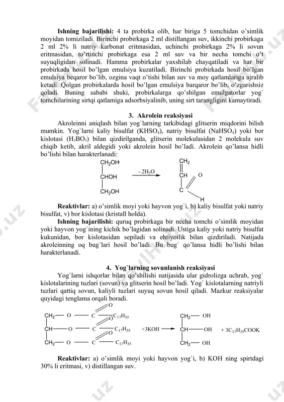 an ikki qator qilib probirkalar qo’yiladi. birinchi qatordagi probirkalarga bir necha tomchidan o’simlik moyidan tomiziladi. ikkinchi qatordagilarga esa, qattiq yog`dan kichik bir bo’lakdan solinadi. har ikkala qatorning birinchi probirkalariga 2 ml dan distillangan suv solinadi, ikkinchi probirkalarga shuncha miqdorda dietil efiri, uchinchi probirkalarga - atseton, to’rtinchi probirkalarga esa spirt solinadi. hamma probirkalar yaxshilab chayqatiladi va yog`larning har xil erituvchilardagi eruvchanligi kuzatiladi. spirtli probirkani suv hammomida isitish tavsiya etiladi. tajribaning natijalari yozib qo’yiladi. 1. yog`larning emulsiyalanishi reaktivlar: a) o’simlik moyi, b) 2% li natriy karbonat, v) 2% li sovun eritmasi, g) o’t suyuqligi, d) distillangan suv. ishning bajarilishi: 4 ta probirka olib, har biriga 5 tomchidan o’simlik moyidan tomiziladi. birinchi probirkaga 2 ml distillangan suv, ikkinchi probirkaga 2 ml 2% li natriy karbonat eritmasidan, uchinchi probirkaga 2% li sovun eritmasidan, to’rtinchi probirkaga esa 2 ml suv va bir necha tomchi o’t suyuqligidan solinadi. hamma probirkalar yaxshilab chayqatiladi va har bir probirkada …