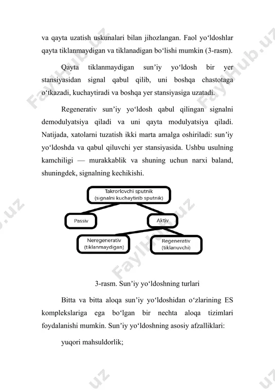 agi orbitalardan foydalanish zarurligiga olib keladi. 4.yuqori elliptik orbita yuqori elliptik orbita – ellips koʻrinishidagi orbita (ellipsning ekssentrikligi 0 ga teng emas), nolga teng boʻlmagan burchak bilan (orbital tekisligi va ekvatorial tekislik orasidagi burchak 0 dan farq qiladi) 12 soatlik orbital davri bilan yer orbital tekislikda joylashgan (6-rasm). apogey — orbitaning eng uzoq nuqtasi; perigey — orbitaning eng uzoq masofasi. 6-rasm. yuqori elliptik orbitani koʻrinishi yuqori elliptik orbitadan 1965 yil aprelidan boshlab mamlakatimiz aloqa va radioeshittirish tizimlari molniya tipidagi aloqa sunʼiy yoʻldoshlarini ishlatish paytida foydalanib kelmoqdalar. rossiyaning butun hududiga xizmat koʻrsatish taxminan 8 soat davomida amalga oshiriladi, shuning uchun bir-birining oʻrnini bosadigan uch yoki toʻrtta sunʼiy yoʻldosh kecha-kunduz radio aloqasini tashkil qilish uchun yetarli. yuqori elliptik orbitaning asosiy afzalligi yuqori kengliklarda joylashgan hududlar. 5.pastorbital sunʼiy yoʻldosh aloqa tizimlari trafik kam boʻlgan isteʼmolchilar uchun aloqani taʼminlash uchun past orbitali syat ning ikkita turi qoʻllaniladi: kichik orbitali aloqa sunʼiy yoʻldoshlaridan foydalanish; kichik …