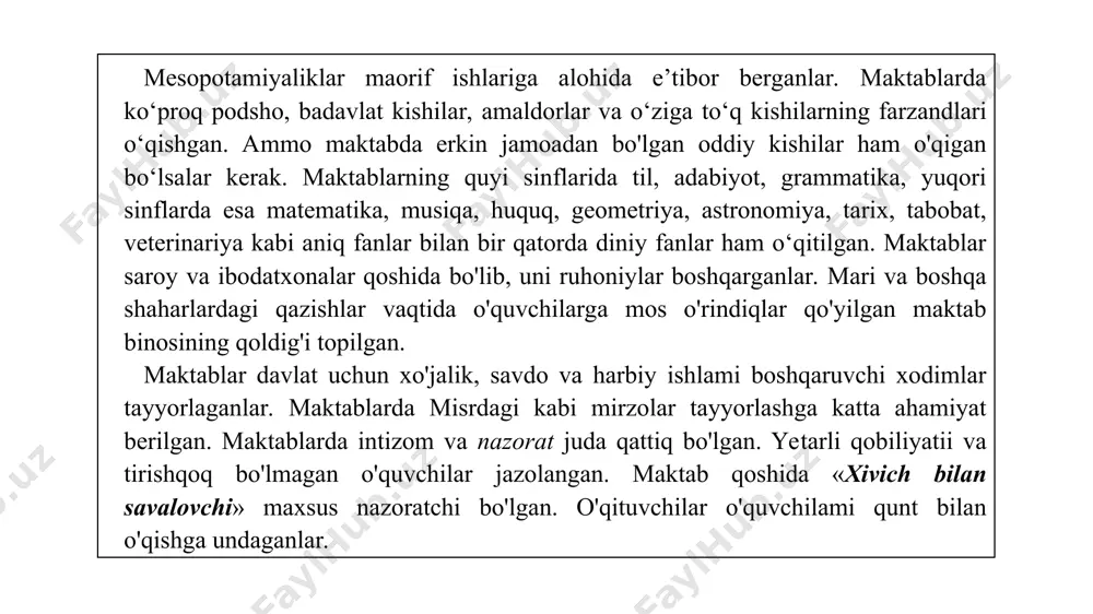13-14 yoshga yetganlaridan keyin palestra (“kurash maktabi”) deb atalgan o‘quv yurtiga o‘tar edilar. bu o‘quv yurtida ular ikki-uch yil davomida jismoniy mashqlar bilan shug‘ullanar edilar. masalan, sakrash, yugurish, kurash tushish, disk va nayza irg‘itish, suvda suzish kabilar o‘rgatilardi. palestrada o‘qish tekin edi, shuning uchun ham yoshlarning ko‘pchilik qismi palestrada o‘qish bilan cheklanib qolar edi. yoshlarning badavlatroq oiladan bo‘lgan qismi palestrani tugatgach gimnasiyga (jismoniy, ijtimoiy tarbiya) kirar edi. ularga falsafa, siyosat, adabiyot fanlari o‘rgatilgan. bu maktabni tugatgan yoshlar davlatni boshqarishda qatnashishlari mumkin edi. abi ali ibn sino (980-1037) аbu rayhon beruniy (973-1048) аbu nasr forobiy (873-950) maqsadi - ta’lim sohasidagi munosabatlarni tartibga solish qonunchilik palatasi tomonidan 2020 yil 19 mayda qabul qilingan senat tomonidan 2020 yil 7 avgustda ma’qullangan o‘rq-637-son 23.09.2020 o‘zbekiston respublikasining qonuni ta’lim to‘g‘risida ta’lim to‘g‘risidagi qonun 1-bob. umumiy qoidalar 1-5-moddalar 2-bob. ta’lim tizimi, turlari va shakllari 6-22-moddalar 3-bob. ta’lim tizimini boshqarish 23-28-moddalar 4-bob. ta’lim faoliyatini tashkil etish va …