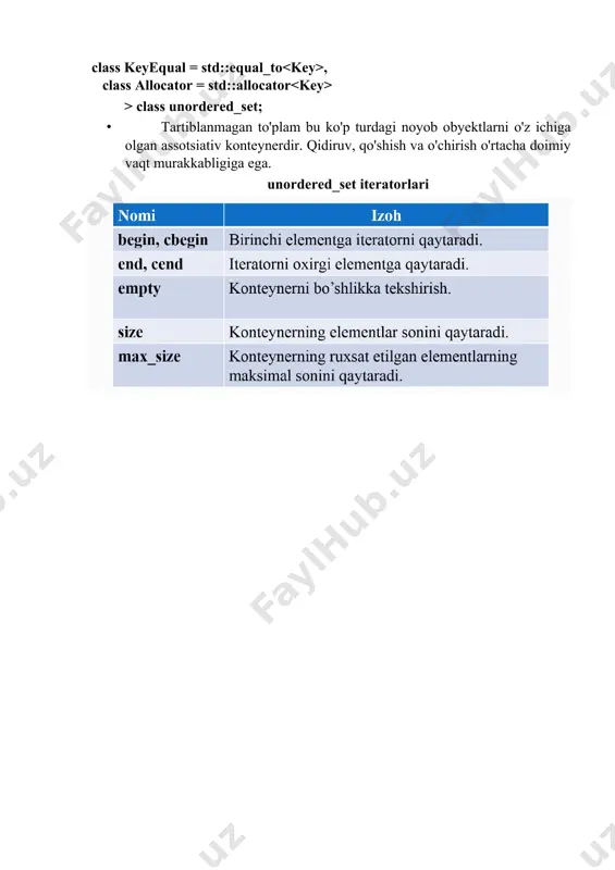 imap asosida yaratilgan to’plam elementlarini map va mutimap ning maxsus funksiyalari yordamida qayta ishlash. 1-masala: talabalarning haqida (familiya, ismi va stipendiyasi) string va int turidagi to’plam berilgan. familiyasi yoki ismi to’liq yozilganlar va stipendiyasi n ga teng bo’lganlaridan 2- to’plamni hosil qiluvchi va ularni ekranga chiqaruvchi dastur tuzing. masalani yechish g‘oyasi: map konteyneri to’plami yaratiladi. map ning insert(pair ('a',10)) iteratoridan foydalanib, a to’plamga qiymatlar o’zlashtiriladi. dastur matni: #include #include #include using namespace std; int main(){ int n; bool t=false; cout >n; multimap m, m2; for (int i = 0; i >fam>>ism; fio = fam+" "+ism; cout >stepindiya; m.insert(pair (fio,stepindiya)); } string s; int n; cout >n; int k=0; multimap :: iterator it; for ( it = m.begin(); it != m.end(); ++it){ s = it->first; if(s.find(" ") second == n){ m2.insert(pair (s,n));t=true;} } cout first second<<endl; } } else cout<<"yo’q"; } dastur natijasi: talabalar sonini kiriting: 3 1 - talaba ma'lumotlarini …