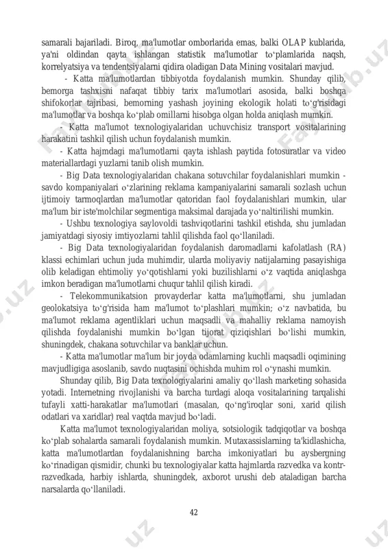 ira nusxasini talab qiladi. biroq, hajmning o‘sishi bilan, zaxira bilan bog'liq qiyinchiliklar kuchaymoqda - va it-mutaxassislari ushbu muammoning maqbul echimini topishga harakat qilmoqdalar. 4.2. data mining uchun dastlabki ma'lumotlar. ma'lumotlar yig'ilishidan foydalanish, agar to‘g'ri mo‘ljallangan ma'lumotlar omborida etarlicha katta hajmdagi ma'lumotlar mavjud bo‘lsa, oqlanadi (aslida ma'lumotlar omborlari odatda qarorlarni qo‘llab -quvvatlash bilan bog'liq muammolarni tahlil qilish va bashorat qilish uchun yaratilgan). shuningdek, biz ma'lumotlar omborlarini qurish tamoyillari haqida bir necha bor yozganmiz; tegishli materiallarni bizning cd-romimizda topish mumkin, shuning uchun biz bu masala ustida to‘xtalmaymiz. eslatib o‘tamiz, ombordagi ma'lumotlar - bu butun korxona uchun bir xil bo‘lgan va o‘z faoliyati tasvirini istalgan vaqtda tiklashga imkon beradigan to‘ldirilgan to‘plam. shuni ham yodda tutingki, do‘konning ma'lumotlar tuzilmasi shunday tuzilganki, unga so‘rovlar iloji boricha bismillahir rahmonir rohim 42 samarali bajariladi. biroq, ma'lumotlar omborlarida emas, balki olap kublarida, ya'ni oldindan qayta ishlangan statistik ma'lumotlar to‘plamlarida naqsh, korrelyatsiya va tendentsiyalarni qidira oladigan data mining vositalari …