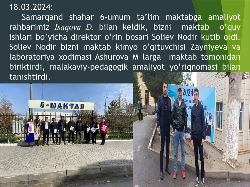 olgan holda bir soatlik dars ishlanma tuzdim. 9 29.03.2024: kimyo fani o’qituvchisi zaynieva. va laboratoriya xodimasi saidmurodova.d bilan birgalikda kimyo, fizika, biologiya fanlari laboratoriya xonasi, uning jihozlari, mavjud reaktivlar, laboratoriya texnika-xavfsizlik qoidalari bilan tanishib chiqdik. maktab kutubxona mudirasi akaboyeva.g bilan kutubxona, kutubxonada mavjud bo’lgan darslik, qo’shimcha va badiiy adabiyotlar, kutubxonada kutubxonlar uchun yaratilgan sharoitlar bilan tanishdik. 10 30.03.24 bugun amaliyotimizning oxirgi kuni. 2 haftalik malakaviy amaliyot menga pedagogik mahoratimni oshirishga hujjatlar bilan ishlashga uquvchilar bilan ishlashga ancha yordam berdi. agar shu kabi amalitot har 2-3 oyda qayta qayta bulsa menimcha maqsadga muvofiq buladi. image1.jpeg image2.png image3.png image4.png image5.png image6.png image7.png image8.png image9.png image10.png image11.png image12.png image13.png image14.png image15.png image16.png image17.jpeg image18.png image19.png image20.png /docprops/thumbnail.jpeg