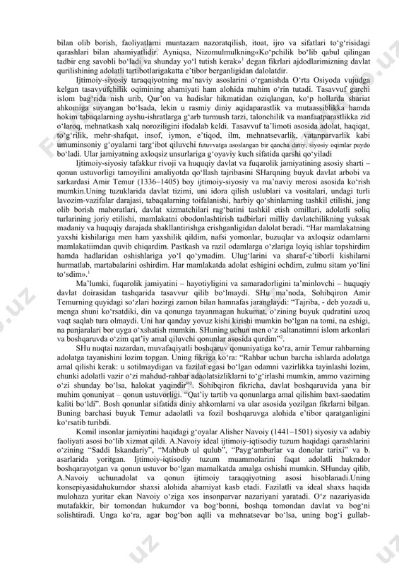 yuk sharq uyg‘onishi deya nom olgan yirik ilmiy madaniy uyg‘onish uchun asos sifatida xizmat qildi”[footnoteref:2]3 deb alohida ta’kidlagan. darhaqiqat, markaziy osiyo uyg‘onish davri ix-xv asrlarda davlatni boshqarish va adolatli jamiyat qurish, davlat rahbari va xizmatchilarining faoliyat darajalari tasniflari, ijtimoiy mas’uliyati mezonlarining nazariy jihatlari haqidagi g‘oyalar abu nasr forobiy, ibn sino, beruniy, yusuf xos hojib, nizomulmulk, amir temur, alisher navoiy va boshqalar ijodida keng tahlil qilingan. [2: karimov i.a. o’rta asr sharq mutaffakirlarining ilmiy me’rosi zamonaviy sivilizatsiyada o’rni va ahamiyati. // halq so’zi. 2014 yil 24 may.] xususan, abu nasr al-farobiy (870–950) ning “fozil odamlar shahri”, “davlat arbobining aforizmlari” asarlarida sharqona siyosiy-huquqiy va ijtimoiy fikr tarixida ijtimoiy tizim, siyosat, davlat va hukumat haqidagi qarashlar nazariy asoslangan. abu nasr farobiy fikricha adolatli jamiyat qurish uchun uni mudofaa qilish va oqilona boshqarish usulini bilish, odamlargayovuzlikdan saqlanish ezgulikka intilish yo‘llarini ko‘rsatish lozim. u davlat rahbarining boshqaruv mahorati umumiy baxtga erishish yo‘lidir deb hisoblaydi. adolatli …
