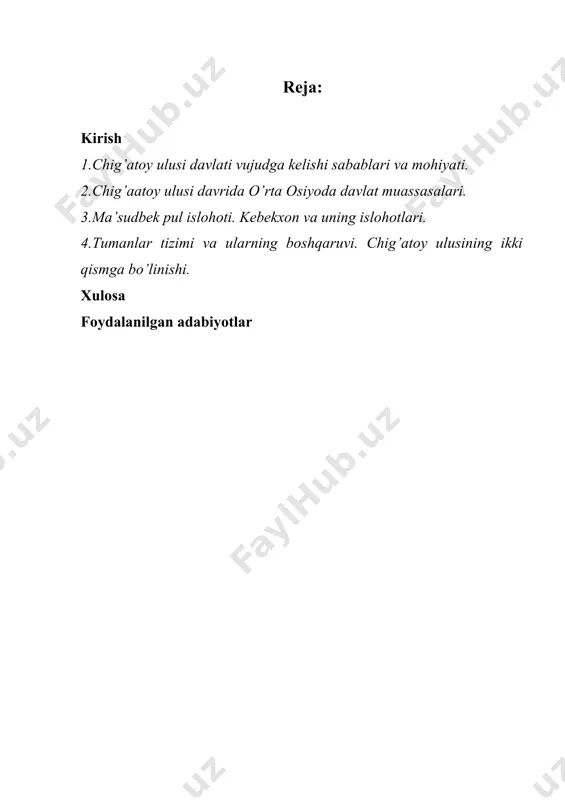 imlab berildi. bunga sabab bunday katta hududni faqat markazdan turib nazorat qilib bolmasligida va bu hududlarni boshqarish uchun o’sha hududda malum bir kuchning saqlanib turishi zaruriyati bilan bogliq ekanligida edi. xiii asrning birinchi yarmiga kelib xorazmshohlar davlatida keskin siyosiy vaziyat hukm surgan bir vaqtda sharqdan yangi xavf vujudga keladi, ya’ni hozirgi mo’g’iliston hududida tuzilgan chingizxon boshchiligidagi lcochmanchilar davlati qadimgi savdo yolida joylashgan barcha mamlakatlarni o’z hukmronligiga birlashtirish uchun harakat boshlaydi. 1227-yildan boshlab chig’atoy (1227 - 1241) in’om qilingan yerlar rasman “chig'atoy ulusi” deb nomlana boshladi. tarixchi juvayniy bergan ma’lumotga kola, uning qarorgohi ili daryosining janubiy qismida kunas (yoki quyosh) deb atalgan joyda bolgan va ulug’ if deb atalgan. keyinchalik, u qarorgohini olmaliqning garbiga kochirgan. tarixchi rashididdinning keltirishicha, ulus poytaxti uyg’urlar mamlakatidagi beshbaliq shahri bolgan. chig’atoy ulusi tarkibiga movarounnahr, yettisuv, qoshgar, xorazmning sharqi, xurosonning bir qismi, uyg’urlar mamlakati, badaxshon, balx va gaznaning hind daryosigacha bolgan hududlar kirgan. musulmon va xitoy manbalarida …