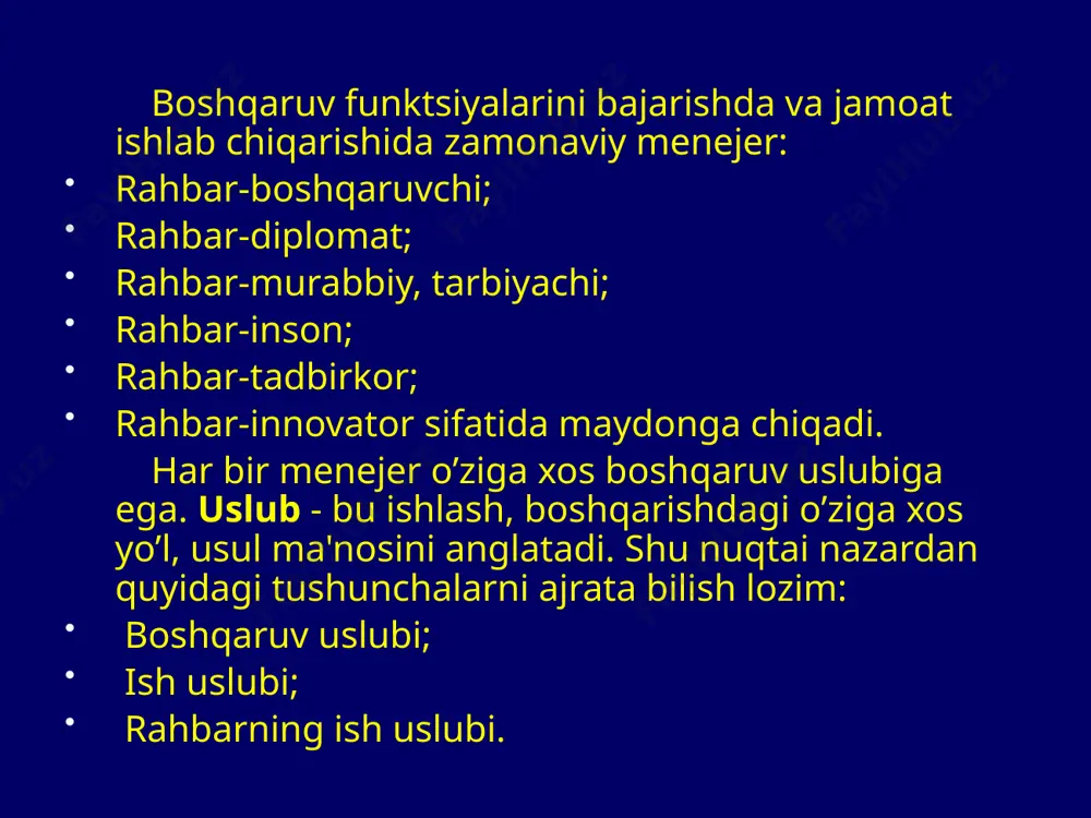 di. rahbarlik usulubiga qarab rahbarning turlarga ajratilishi rahbarlik usulubi, belgisi va bo’ysunuvchilarga nisbatan munosabatiga qarab, barcha rahbarlarni quyidagi uch turga ajratish mumkin: 1. avtokratik rahbar 2. liberal rahbar 3. demokratik rahbar ushbu rahbarlarning ijobiy va salbiy xislatlari, ularning ish uslublari to’g’risida 1. avtokratik rahbar. bunday turdagi rahbar: buyruq chiqarish, qaror qabul qilish, xodimlarga jazo berish yoki rag’batlantirishda jamoa fikrini hisobga olmaydi; o’zini jamoadan uzoqda tutadi, jamoa a'zolarni bevosita muloqotda bo’lishini chegaralab qo’yadi; o’zining noo’rin harakatlarining tanqid qilinishiga chiday olmaydi; o’ziga bo’ysunuvchilarning harakatlarini keskin ravishda tanqid qilishni yaxshi ko’radi; muttasil buyruq berishga hammani o’z istaklariga so’zsiz bo’ysundirishga intiladi; ko’p gapirishni yoqtirmaydi, lekin bo’ysinuvchilari bilan muomalada bo’lganda uning rahbarlik g’ururi balandligi, o’zini katta tutishi sezilib turadi; o’ziga bo’ysinuvchilari oldida qovog’i solingan kayfiyatda bo’ladi. xullas avtokratik rahbar, o’ziga bino qo’ygan, dimog’dor, o’z qobiliyati va imkoniyatlariga ortiqcha ishonadigan, hukmini o’tkazishga intiladigan kishilarda etishib chiqadi. bunday rahbar nazoratdan chetda qolsa, o’sha erda dag’allik, takabburlik, tazyiq …