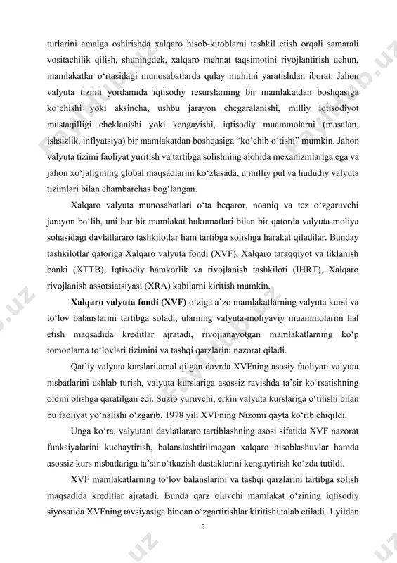 siyasini ta’minlash va pirovardida milliy valyutalarni yagona valyuta bilan almashtirish. xalqaro tiklanish va taraqqiyot bankining (xttb) ham faoliyati xalqaro valyuta-moliyaviy munosabatlarni tartibga solishga yo‘naltirilgan bo‘lib, u o‘zining ikkita filiali – xalqaro moliyaviy korporatsiya (xmk) hamda xalqaro rivojlanish assotsiatsiyasi (xra) bilan birgalikda jahon banki tarkibiga kiradi. xvfning a’zosi bo‘lgan mamlakatlar xttbning a’zosi bo‘la oladi. xttb tomonidan taqdim etiladigan qarzlarning asosiy qismi qarz oluvchi mamlakatlarning iqtisodiyotini tarkibiy qayta qurish imkonini beruvchi loyiha va dasturlarni amalga oshirishga yo‘naltirilgan uzoq muddatli kreditlar hisoblanadi. xalqaro moliyaviy korporatsiya (xmk)ning faoliyati ustun ravishda rivojlanayotgan mamlakatlarning xususiy sektorini moliyalashtirishga yo‘naltiriladi. xalqaro rivojlanish assotsiatsiyasi (xra)ning asosiy faoliyati esa ko‘proq qoloq mamlakatlarga imtiyozli yoki foizsiz kreditlar ajratishga qaratilgan. iqtisodiy hamkorlik va rivojlanish tashkiloti (ihrt) tarkibiga barcha sanoat jihatidan rivojlangan mamlakatlar kiradi. ihrt unga a’zo mamlakatlarning iqtisodiy rivojlanishidagi tendensiyalarni, iqtisodiyot sohasidagi ichki xattiharakatlarning boshqa mamlakatlar to‘lov balansiga ta’sirini aniqlashga qaratilgan. ihrt tomonidan ishlab chiqilgan bashorat ko‘rsatkichlari asosida, jahon xo‘jaligi rivojlanish tendensiyalarini …