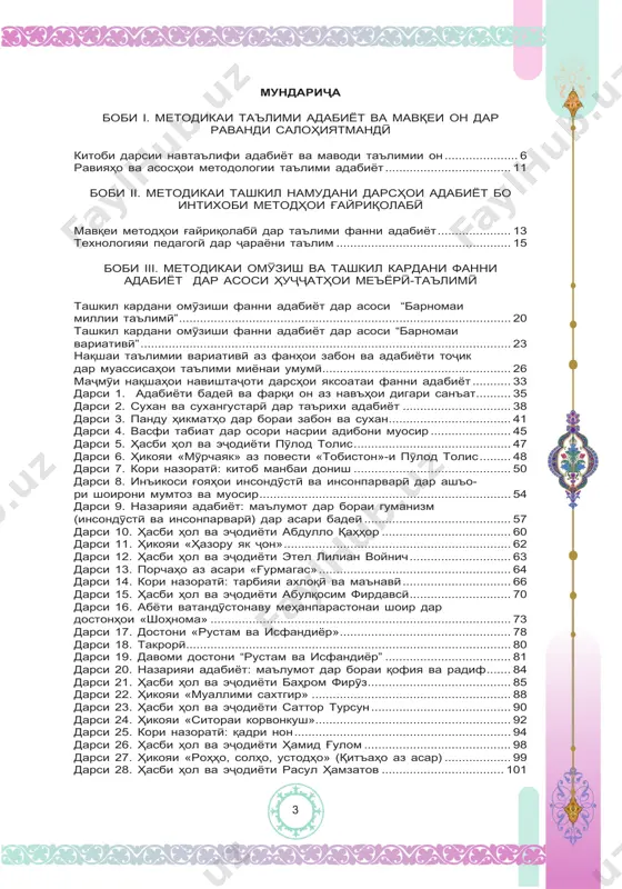 ондўстї ва инсонпарварї) дар асари бадеї .......................................... 57 дарси 10. њасби њол ва эљодиёти абдулло ќањњор ..................................... 60 дарси 11. њикояи «њазору як љон» ................................................................. 62 дарси 12. њасби њол ва эљодиёти этел лилиан войнич ............................. 63 дарси 13. порчањо аз асари «ѓурмагас» ....................................................... 64 дарси 14. кори назоратї: тарбияи ахлоќї ва маънавї ............................... 66 дарси 15. њасби њол ва эљодиёти абулќосим фирдавсї ............................. 70 дарси 16. aбёти ватандўстонаву мењанпарастонаи шоир дар достонњои «шоњнома» ...................................................................................... 73 дарси 17. достони «рустам ва исфандиёр» ................................................. 78 дарси 18. такрорї ............................................................................................. 80 дарси 19. давоми достони “рустам ва исфандиёр” .................................... 81 дарси 20. назарияи адабиёт: маълумот дар бораи ќофия ва радиф ....... 84 дарси 21. њасби њол ва эљодиёти бањром фирўз ......................................... 85 дарси 22. њикояи «муаллими сахтгир» ......................................................... 88 дарси 23. њасби њол ва эљодиёти саттор турсун ........................................ 90 дарси 24. њикояи «ситораи корвонкуш» ........................................................ 92 дарси 25. кори назоратї: ќадри нон …