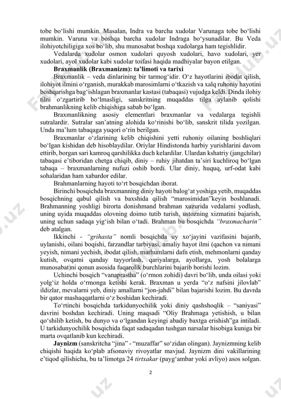rbiy ishlarda, she’riyatda usta bo‘lib, o‘zlari bilan muqaddas yozuvlari - vedalar (sanskrit-muqaddas bilim)ni olib kelganlar. hind adabiyoti boy bo‘lib, uning anchagina qismi yo‘qolib ketgan. uning boshlanishi vedalardir. vedalar tarkibiga turli davrlarda yozilgan bir necha kitoblar kirib, ularda ibodat, marosimlar, falsafiy ta’limotlar, tarixiy voqealar bayon etilgan. vedalar to‘rt yirik to‘plamdan iborat: 1. rigveda (“madhiyalar vedasi”); 2. samaveda (“qo‘shiqlar vedasi”); 3. yajurveda (“qurbonliklar vedasi”); 4. atxarvaveda (“afsun va jodular vedasi”); vedalarda butun tabiatning ilohiyligi haqidagi ta’limot ilgari suriladi. hindistonda ko‘pxudolik keng targ‘ib qilinadi. xudolar orasida “eng ulug‘i, eng kichigi, eng qarisi, eng yoshi bo‘lmay, ular barchasi ulug‘likda tengdir. bir xudo ba’zida butun borliqning hukmdori bo‘lishi va shu bilan birga u ikkinchi bir xudoga tobe bo‘lishi mumkin. masalan, indra va barcha xudolar varunaga tobe bo‘lishi mumkin. varuna va boshqa barcha xudolar indraga bo‘ysunadilar. bu veda ilohiyotchiligiga xos bo‘lib, shu munosabat boshqa xudolarga ham tegishlidir. vedalarda xudolar osmon xudolari quyosh xudolari, havo xudolari, yer …