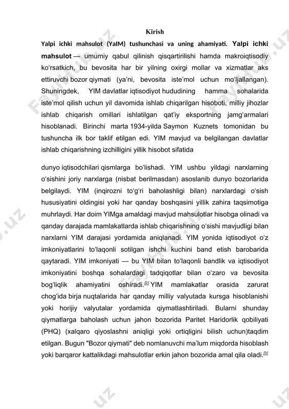 lar orasida zarurat chogʻida birja nuqtalarida har qanday milliy valyutada kursga hisoblanishi yoki horijiy valyutalar yordamida qiymatlashtiriladi. bularni shunday qiymatlarga baholash uchun jahon bozorida paritet haridorlik qobiliyati (phq) (xalqaro qiyoslashni aniqligi yoki ortiqligini bilish uchun)taqdim etilgan. bugun "bozor qiymati" deb nomlanuvchi maʼlum miqdorda hisoblash yoki barqaror kattalikdagi mahsulotlar erkin jahon bozorida amal qila oladi.[3] yalpi ichki mahsulot mamlakat iqtisodiy faoliyatining muayyan davr (oy, chorak, yil) davomidagi umumiy natijalarini tavsiflaydigan koʻrsatkich ham hisoblanadi. mamlakat hududida joylashgan barcha korxonalar (chet el va qoʻshma korxonalari ham shu hisobga kiradi) tomonidan jami ishlab chiqarish omillari bilan ishlab chiqarilgan tovarlar va xizmatlarning bozor qiymatlaridagi ifodasi boʻlib, uning miqdori milliy hisoblar tizimi asosida hisoblab chiqiladi. mamlakat iqtisodiyotining rivojlanishini makrodarajada tavsiflash va tahlil etishda foydalaniladi. makroiqtisodiy statistika va tahlilda uzoq davr mobaynida yalpi milliy mahsulot va yalpi ichki mahsulot ko‘rsatkichlaridan baravar foydalanib kelindi. har ikkala agregat ko‘rsatkich ham mamlakatdagi iqtisodiy faollik darajasini haraktyerlasada kapital va ishchi kuchi …
