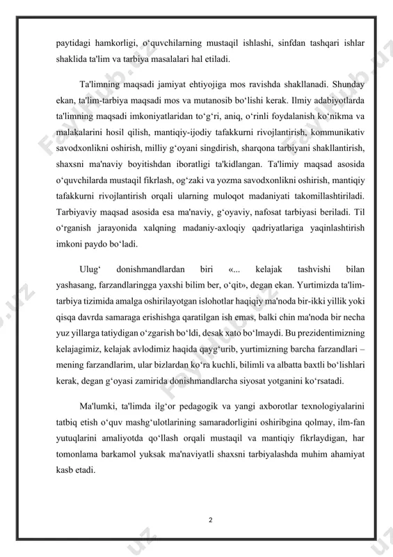 h emas, balki chin ma'noda bir necha yuz yillarga tatiydigan o‘zgarish bo‘ldi, desak xato bo‘lmaydi. bu prezidentimizning kelajagimiz, kelajak avlodimiz haqida qayg‘urib, yurtimizning barcha farzandlari – mening farzandlarim, ular bizlardan ko‘ra kuchli, bilimli va albatta baxtli bo‘lishlari kerak, degan g‘oyasi zamirida donishmandlarcha siyosat yotganini ko‘rsatadi. ma'lumki, ta'limda ilg‘or pedagogik va yangi axborotlar texnologiyalarini tatbiq etish o‘quv mashg‘ulotlarining samaradorligini oshiribgina qolmay, ilm-fan yutuqlarini amaliyotda qo‘llash orqali mustaqil va mantiqiy fikrlaydigan, har tomonlama barkamol yuksak ma'naviyatli shaxsni tarbiyalashda muhim ahamiyat kasb etadi. hozirgi kunda ta'lim jarayonida interfaol metodlar va axborot texnologiyalarini o‘quv jarayonida qo‘llashga bo‘lgan qiziqish kundan-kunga ortib bormoqda. bunday bo‘lishining sabablaridan biri, shu vaqtgacha an'anaviy ta'limda o‘quvchilar faqat tayyor bilimlarni egallashga o‘rgatilgan bo‘lsa, zamonaviy texnologiyalardan foydalanish esa ularni egallayotgan bilimlarini o‘zlari qidirib topish, mustaqil o‘rganish va fikrlash, tahlil qilish, hatto yakuniy xulosalarni ham o‘zlari keltirib chiqarishga o‘rgatadi. o‘qituvchi bu jarayonda shaxs rivojlanishi, shakllanishi, bilim olishi va tarbiyalanishiga sharoit yaratadi va shu …
