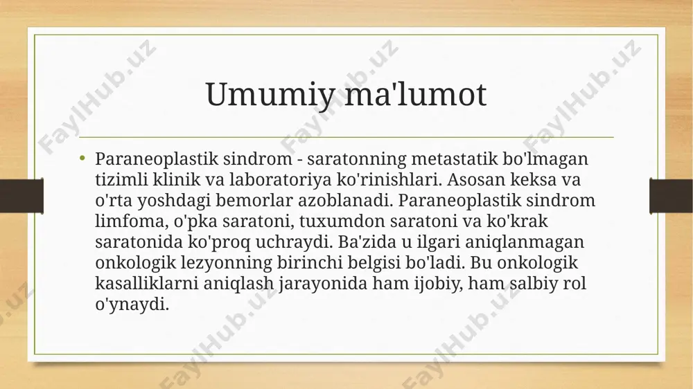 uzilishi bilan namoyon bo'ladi. feokromotsitoma uchun qon bosimining oshishi xarakterlidir, xodgkin limfomasi uchun - gipourikemiya, gematosarkoma va o'tkir leykemiya uchun - giperurikemiya. e’tiboringiz uchun rahmat image5.png image6.png image7.jpeg image8.jpeg image9.png image3.png image4.png /docprops/thumbnail.jpeg