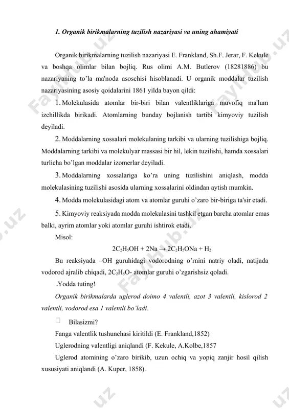 (a. kuper, 1858). a. m. butlerovning kimyoviy tuzilish nazariyasi organik kimyo nazariy asosining poydevori hisoblanadi. ahamiyati jihatidan uni d.i. mendeleevning elementlar davriy qonuni bilan bir qatorga qo’yish mumkin. davriy qonun yangi elementlar borligini oldindan aytishga imkon bergan bo’lsa, bu nazariya orqali hali topilmagan yangi moddalarning borligi va ularning tuzilishini aniqlashga imkon yaratdi va bir nechtasini a.m. butlerovning o’zi sintez qilishga muyassar bo’ldi. tuzilish nazariyasining kashf etilganiga 150 yildan ortiq vaqt o’tgan bo’lsa ham, u o’z ahamiyatini yo’qotgan emas. fanning yangi yutuqlari bu nazariyani yangi dalillar bilan boyitmoqda va uning asosiy ma'nosini to’g’ri ekanligini isbotlamoqda. agar biz 10 milliondan ko’proq organik moddalarning fizikaviy va kimyoviy xossalarini alohida ko’rib chiqqanimizda xatto quvvati yuqori kompyuterning xajmi bunga bardosh bera olmaydi. kimki organik kimyoni o’rganayotgan bo’lsa, moddaning tuzilishiga shunchaki qarab qo’ysin va uning xossalariga, shu bilan birga kimyoviy reaksiyada o’zini tutishiga oqilona hamda ishonchli mulohaza qilsin. alkanlar: metan, etan va propan. alkanlar umumiy molekulyar …