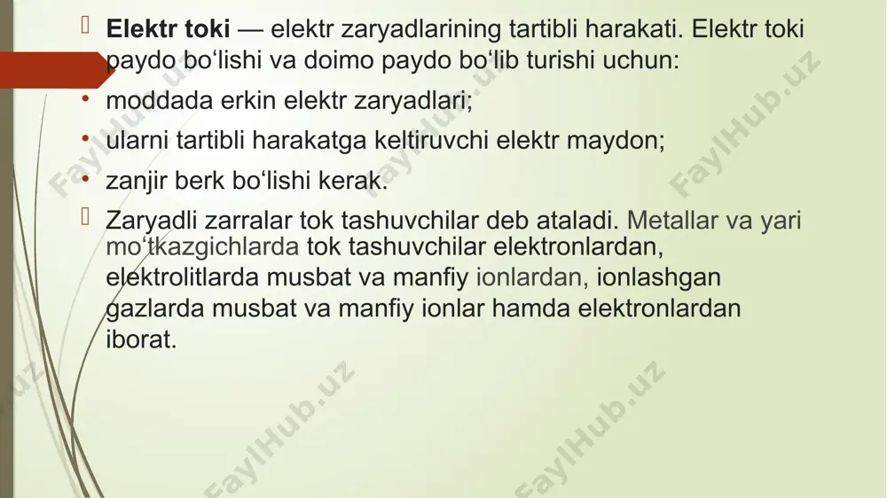 idan ushlanishi mumkin, keyin esa ko'proq manfiy ionlar paydo bo'ladi. gaz molekulalarining elektron va musbat ionlarga parchalanishi deyiladi gazlarning ionlanishi. foydalanilgan adabiyotlar: 1. https://fayllar.org/referat-mavzu-elektr-tokning-qonunlari-bajardi.html 2. https://peskiadmin.ru/uz/elektricheskii-tok-v-gazah-soobshchenie-elektricheskii-tok-v-gazah.html 3. https://fayllar.org/fizika-elektr-umumiy-orta-talim-maktablarining-8-sinfi-uchun-d.html?page=11 image4.png