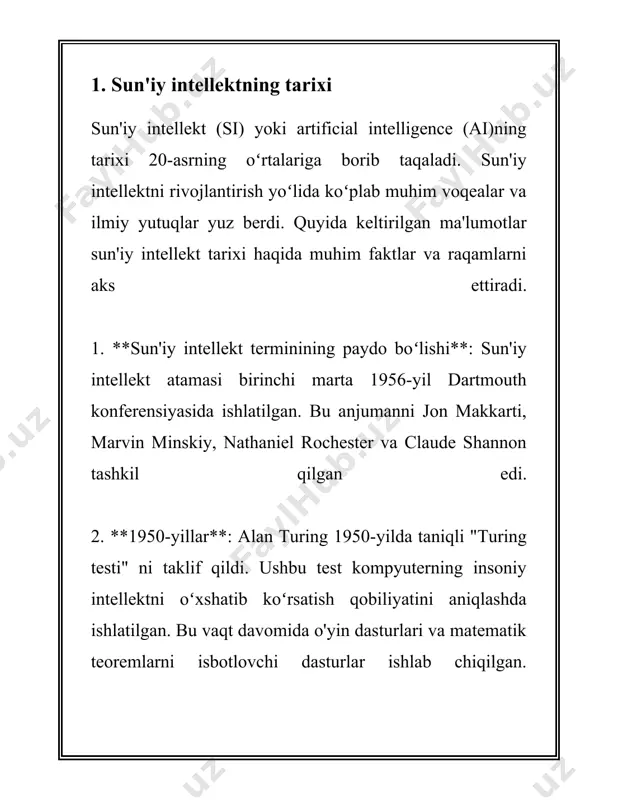 ar, masalan, avtomatlashtirilgan transport tizimlari, robototexnika, tabiiy tilni qayta ishlash, tasvirni qayta ishlash va boshqa ko'plab sohalarda o'z isbotini topmoqda. 2. mashinaviy o'rganishning asoslari mashina o'rganish (ingliz tilida: machine learning) - bu kompyuter dasturlari va algoritmlarini avtomatik ravishda o'qitishga asoslangan yondashuvdir. bu fan sun'iy intellekt (si) sohasi hisoblanadi va ma'lumotdan nazorat ostida yoki nazoratsiz tarzda tajriba to'plash va o'z-o'zidan yaxshilanishga asoslangan. ### mashinaviy o'rganish turlari 1. **nazoratli o'rganish (supervised learning):** bu modelda o'rganuvchi algoritm o'qituvchilar tomonidan ko'rsatilgan misollar yordami bilan o'rganadi. kirish ma'lumotlari va ularga mos kirish natijalari taqdim etiladi, algoritm esa kirish (x) va natija (y) orasidagi bog'liqlikni o'rganadi. mashhur misollar: linear regression, logistic regression, support vector machines (svm), va neural networks. 2. **nazoratsiz o'rganish (unsupervised learning):** bu usulda ma'lumotlar belgilanmagan va algoritmning maqsadi ma'lumotlarni biron bir asosga ko'ra gruppalash yoki strukturaga solish. bunga misol: k-means clustering, hierarchical clustering, va principal component analysis (pca). 3. **mustahkamlangan o'rganish (reinforcement learning):** …