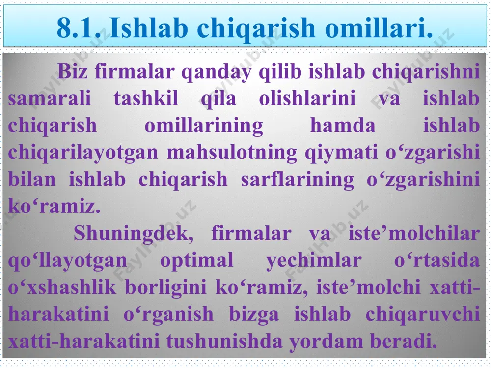 li mahsulotining koʻpayishi ehtimoli boʻladi. oʻrtacha mahsulot singari chegarali mahsulot ham avval koʻpayadi, keyin esa pasayadi, biroq u faqat mehnat sarflari 3 birlikdan oshgandagina pasaya boshlaydi. kamayib boruvchi qaytim qonuni biron ishlab chiqarish omilidan foydalanish koʻpayib borgan sari (boshqa omillar oʻzgarmagan holda), pirovard natijada shunday nuqtaga yetib borilishi va unda shu omildan qoʻshimcha foydalanish mahsulot ishlab chiqarish hajmining pasayishiga olib kelishini bildiradi. e’tiboringiz uchun rahmat