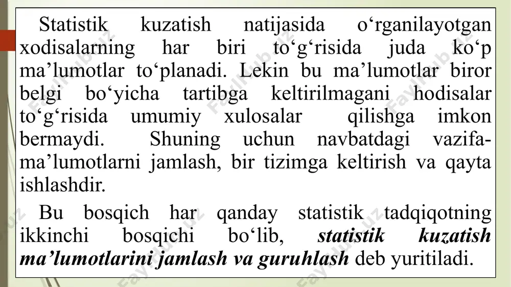 , guruhlarga, sinflarga, turkumlarga, turlarga taqsimlash tushuniladi. taqsimlash asosi qilib olingan belgi yoki belgilar to‘dasi tasniflash belgisi, ularning har bir sohibi tasniflash birligi deb ataladi. 2. statistik guruhlashning mazmuni. statistik guruhlash - bu o‘rganilayotgan hodisalarni muhim belgilariga qarab bir xil (turdosh) guruhlarga birlashtirishdir. statistikada guruhlash deb o‘rganilayotgan hodisalarni (obyektlarni, birliklarni) muhim belgilariga asoslanib turdosh (sifatdosh) guruhlarga (to‘plamlarga) birlashtirish yuritiladi. masalan, aksioner kompaniyalarni dividend to‘lash darajasiga qarab guruhlarga ajratish. guruhlashning ahamiyati shundaki, u ma’lumotlarni umumlashtirish va tasavvur qilish uchun ixcham, yaqqol shaklda taqdim etishni ta’minlaydi. bundan tashqari, guruhlash ma’lumotlarga turli jihatdan ishlov berish va tahlil qilish uchun asos yaratadi. buning uchun guruhlarni bunyod etish belgisi yoki belgilarini tanlash, tuziladigan guruhlar soni va ularning chegaralarini aniqlash ilmiy tartib-qoidalarga tayanishi kerak. guruhlashda miqdoriy o‘zgarishlar orqali sifat o‘zgarishlarini oydinlashtirish uchun guruhlarni ta’riflovchi ko‘rsatkichlar tipik va barqaror bo‘lishini ta’minlash zarur. guruhlash belgilari qilib ko‘zlangan maqsad va vazifalar nuqtai nazaridan muhim belgilar olinishi kerak. shu bilan …
